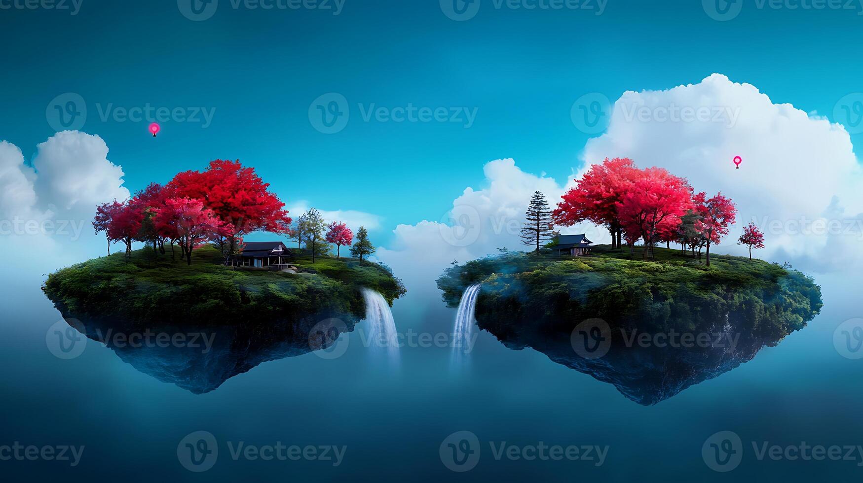 Two islands with trees and waterfalls photo