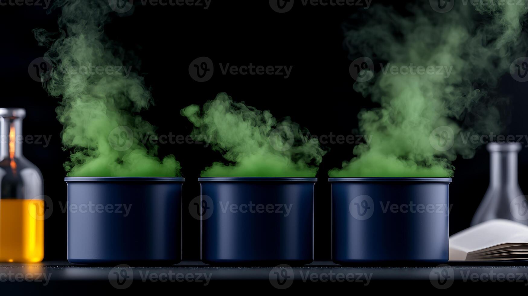 Three green bottles with smoke coming out of them photo