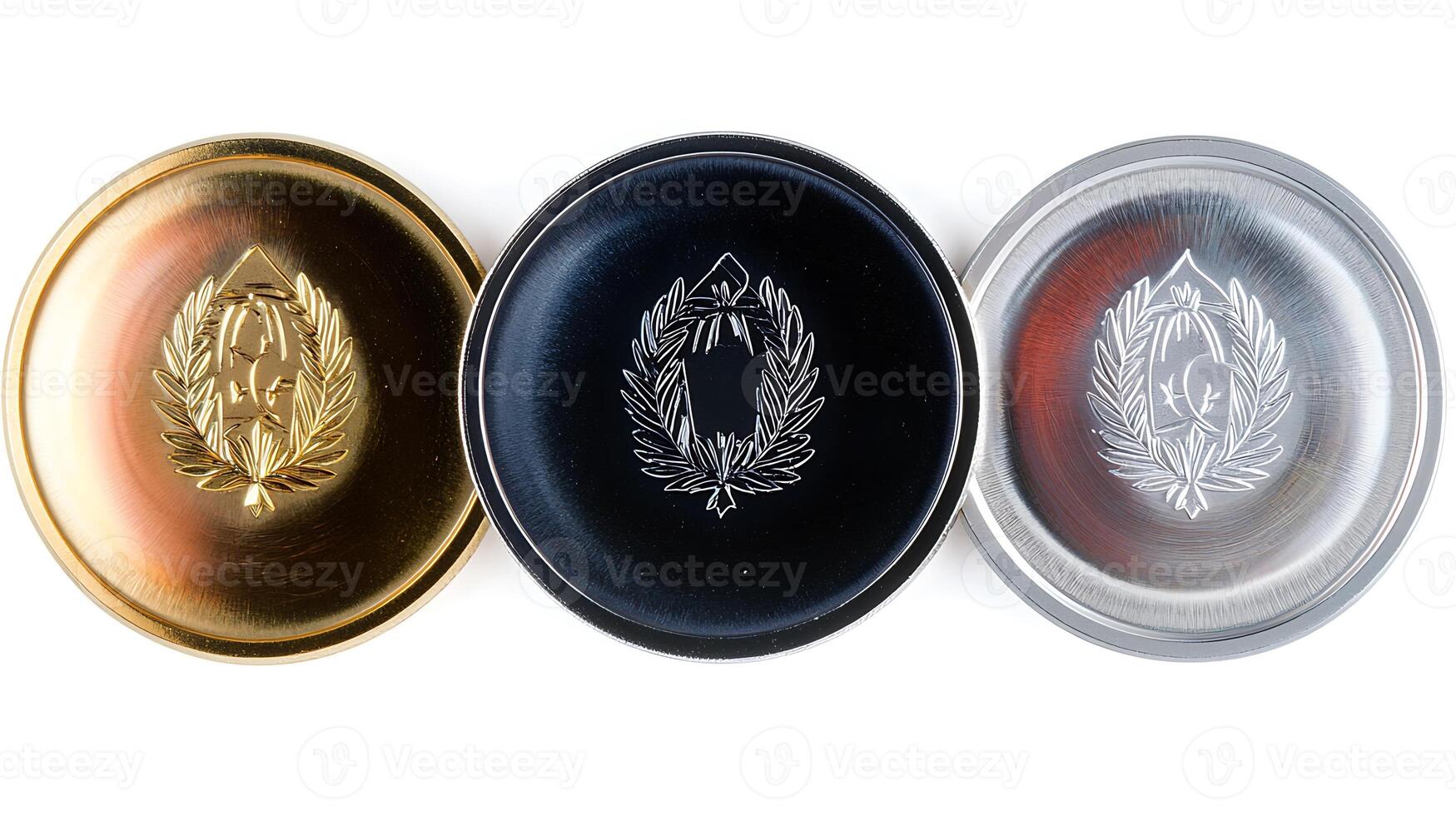 Three different colored metal plates with a logo on them photo
