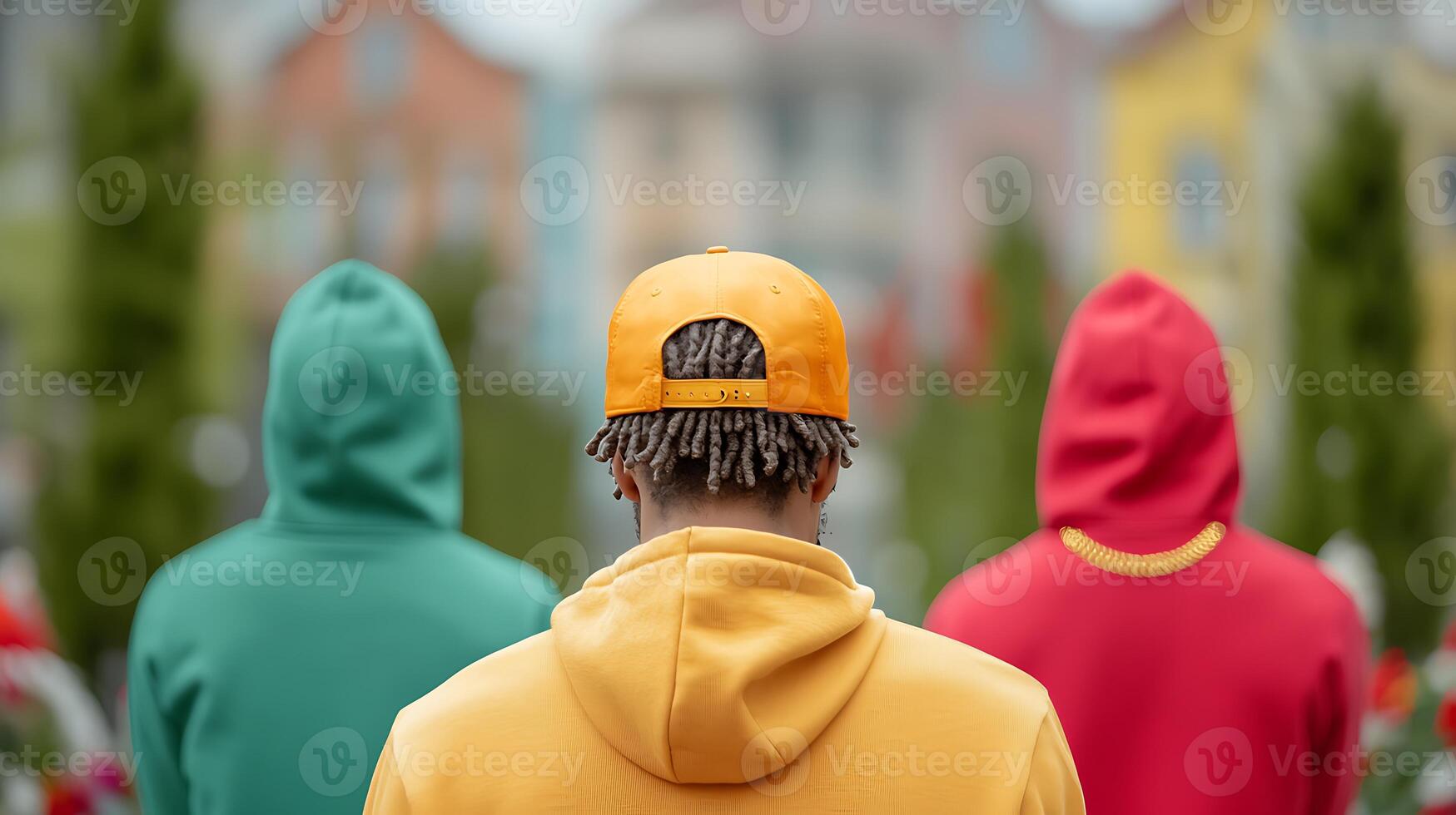 Three men wearing colorful hoodies and hats photo