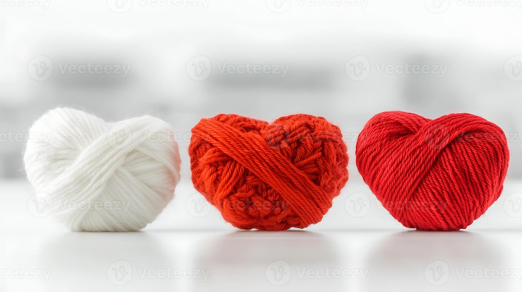 Three red and white yarn balls in a heart shape photo