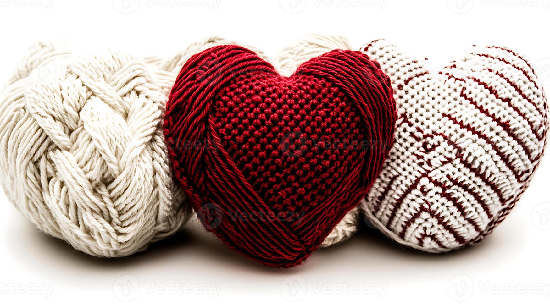 Three red and white knitted hearts photo