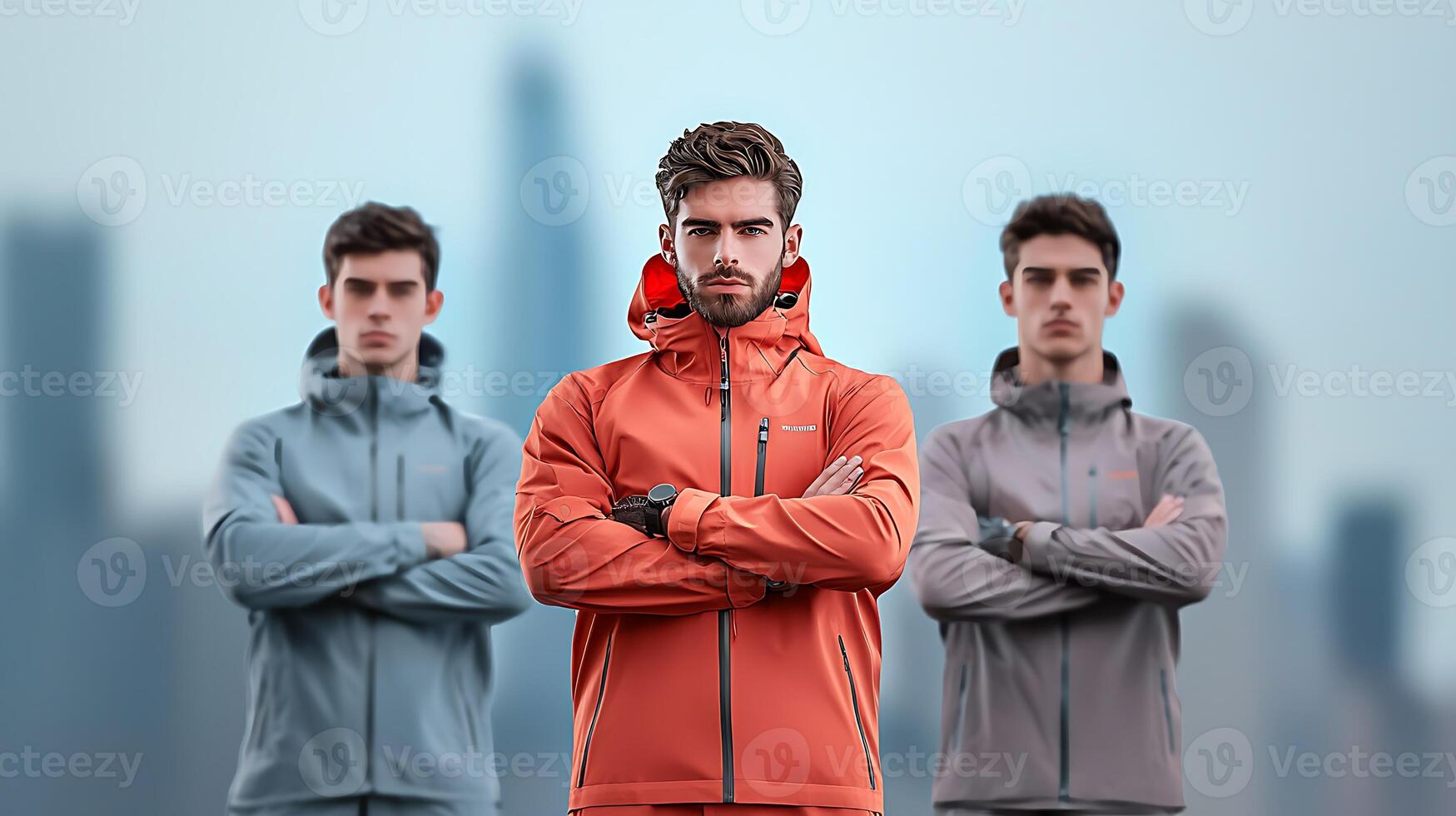 Three men in different colors of jackets standing in front of a city photo