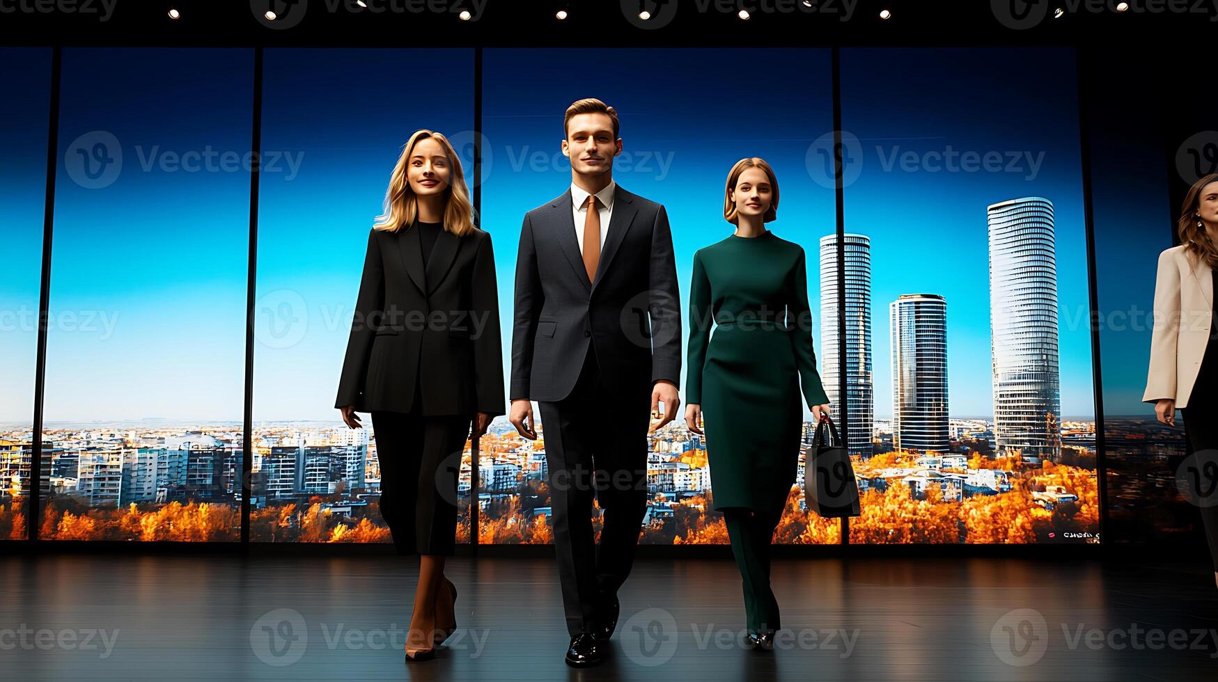 Three people in suits walking on a stage with a city in the background photo