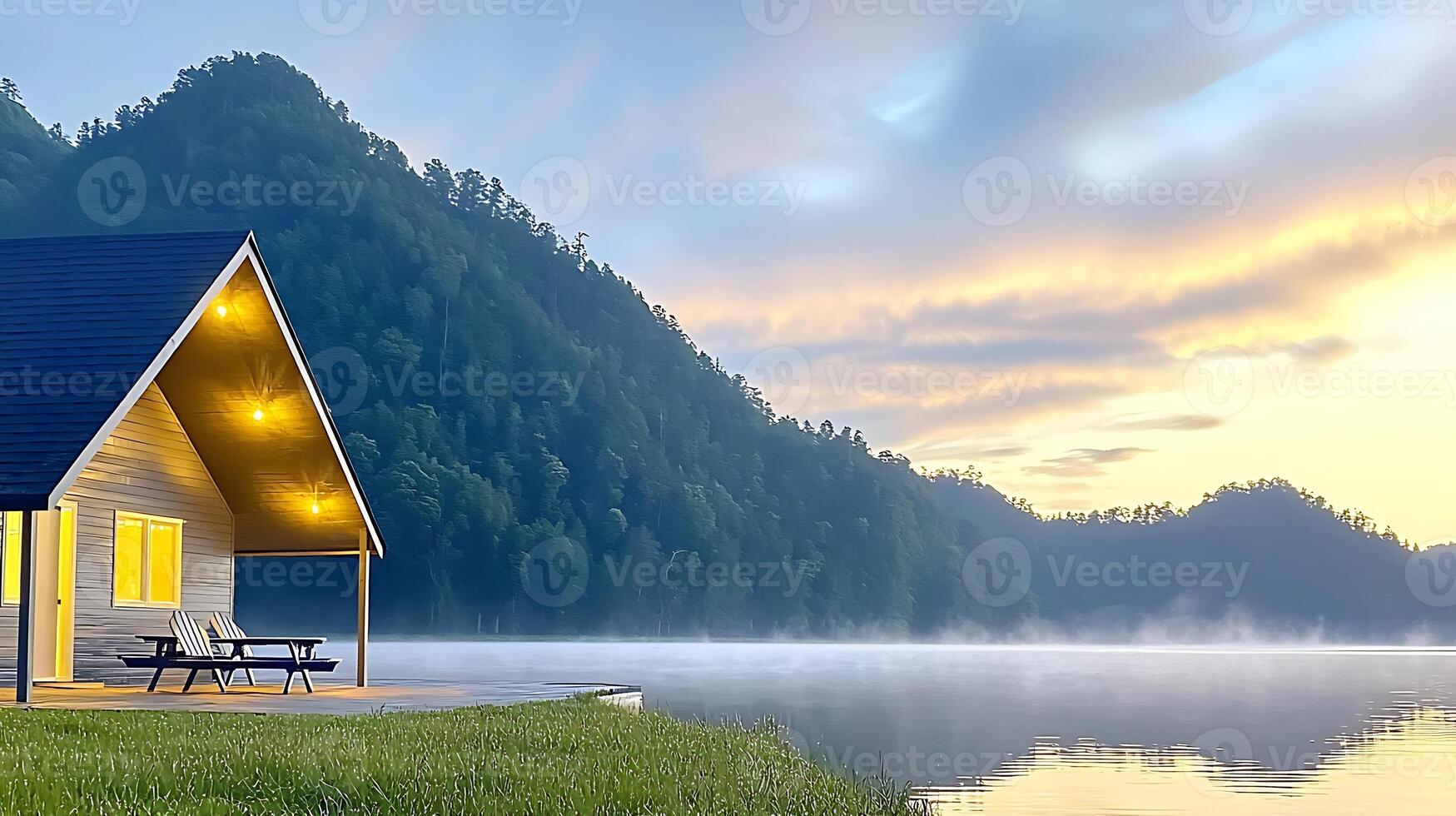 A cabin sits on the shore of a lake at sunset photo