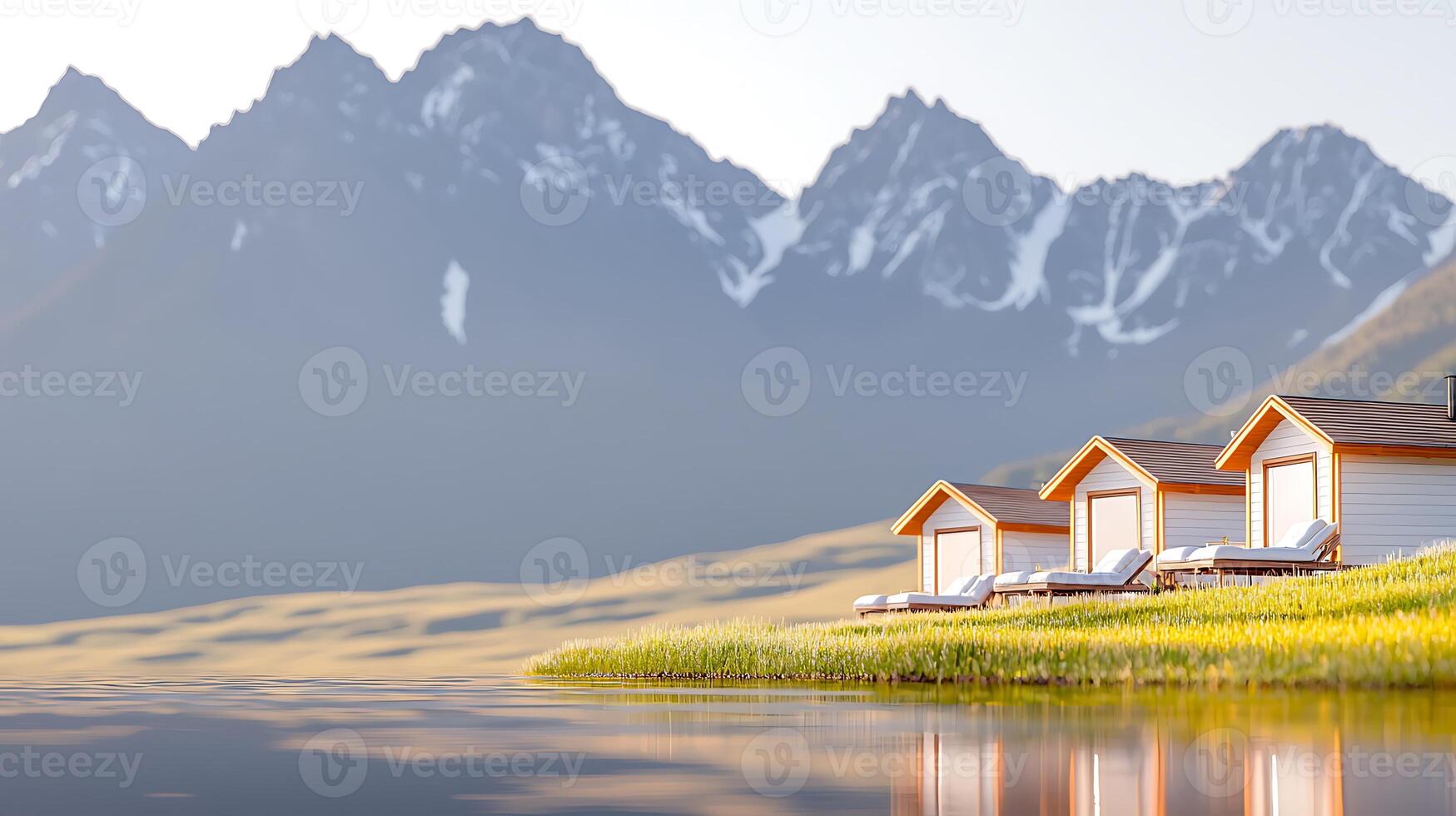 Three cabins sit on a hill overlooking a lake photo