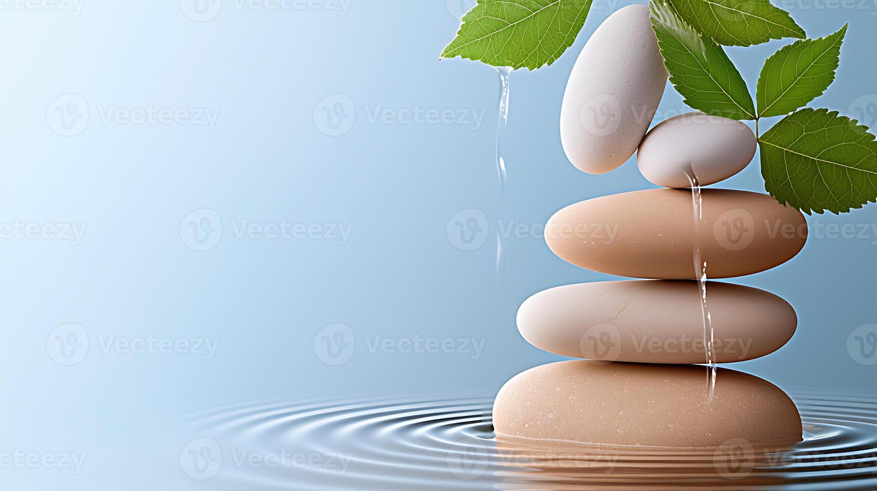 A stack of stones with leaves on top photo