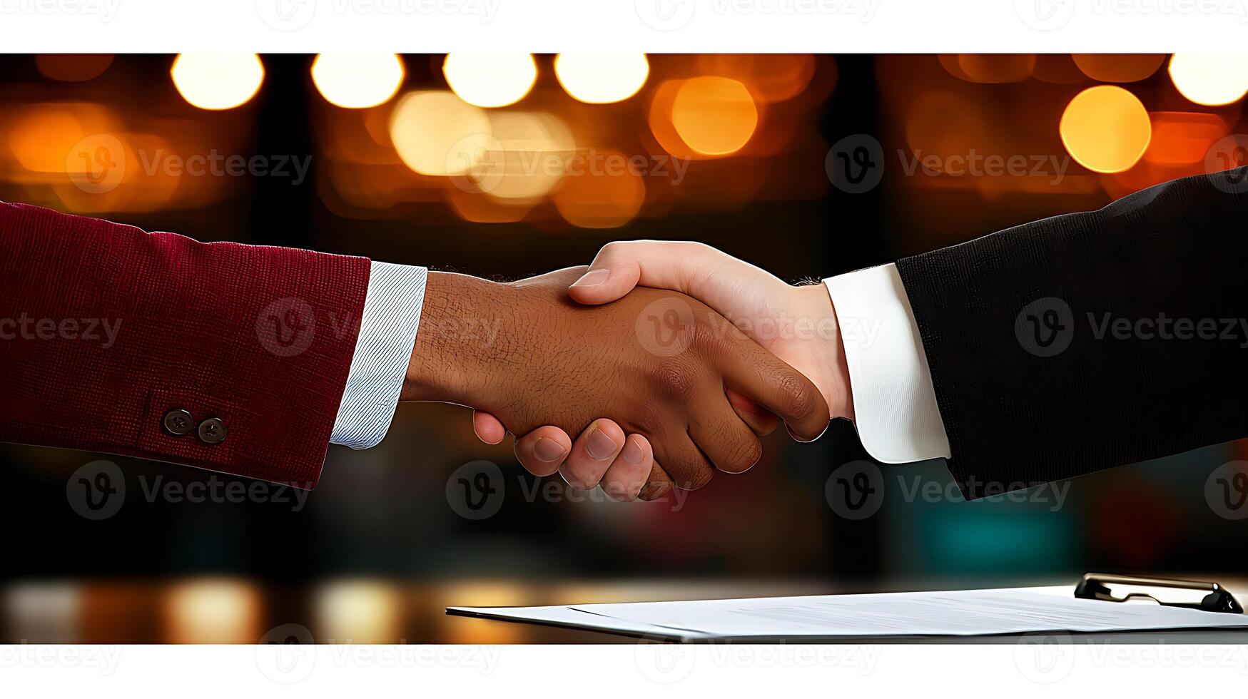 Two people shaking hands over a piece of paper photo