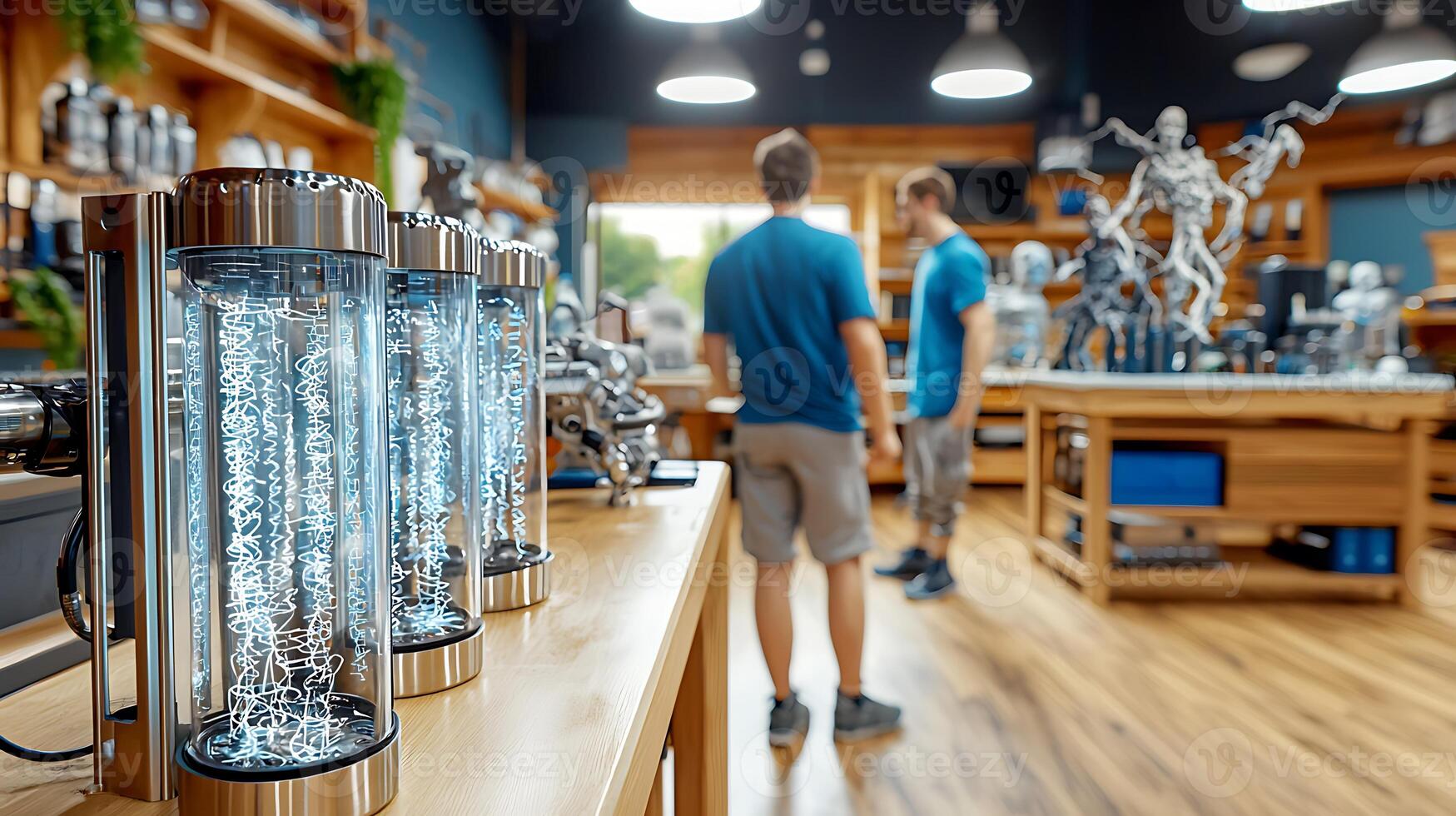 A man is standing in front of a store with a variety of water bottles photo