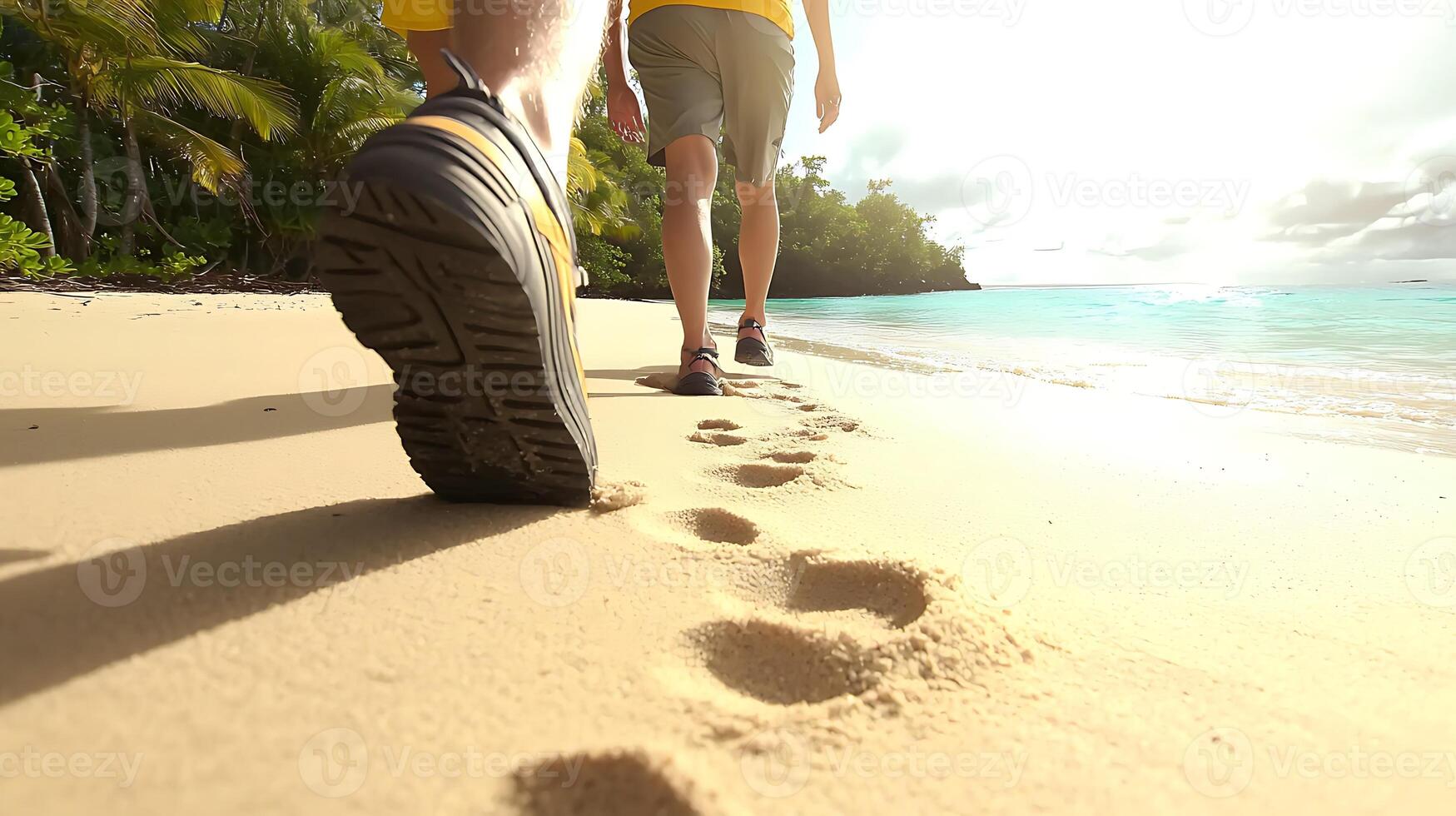 Two people walking on the beach with footprints in the sand photo
