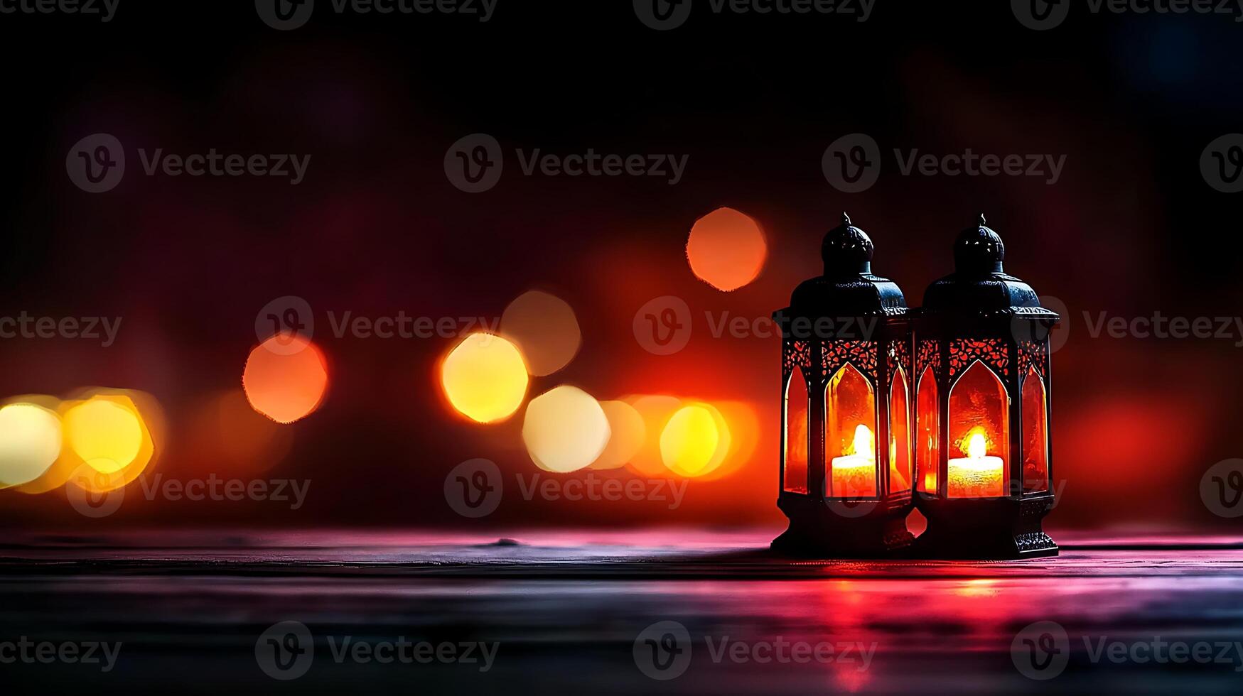 Two lanterns on a table with a blurred background photo