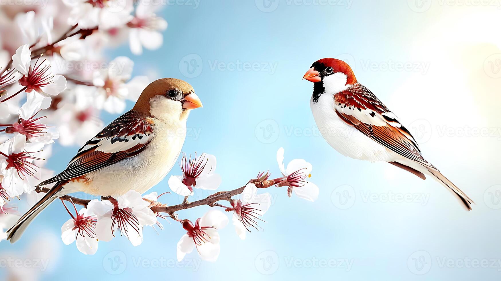 Two birds sitting on a branch with flowers photo