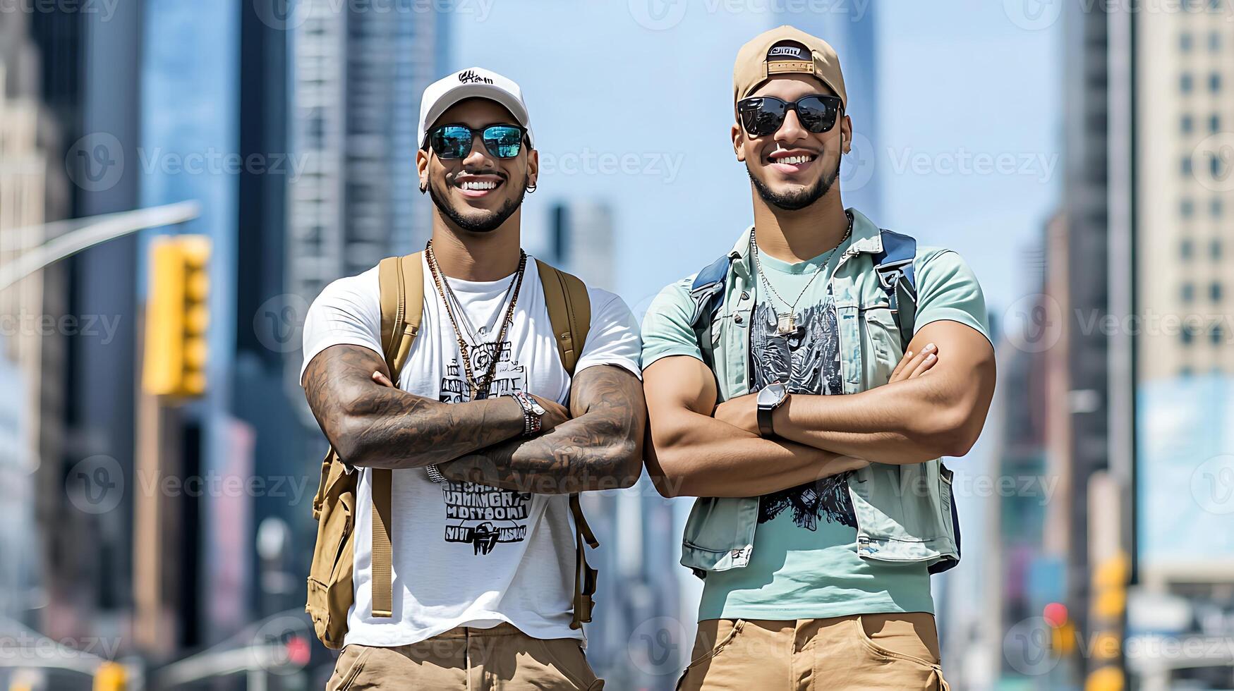 Two young men standing in front of a city photo