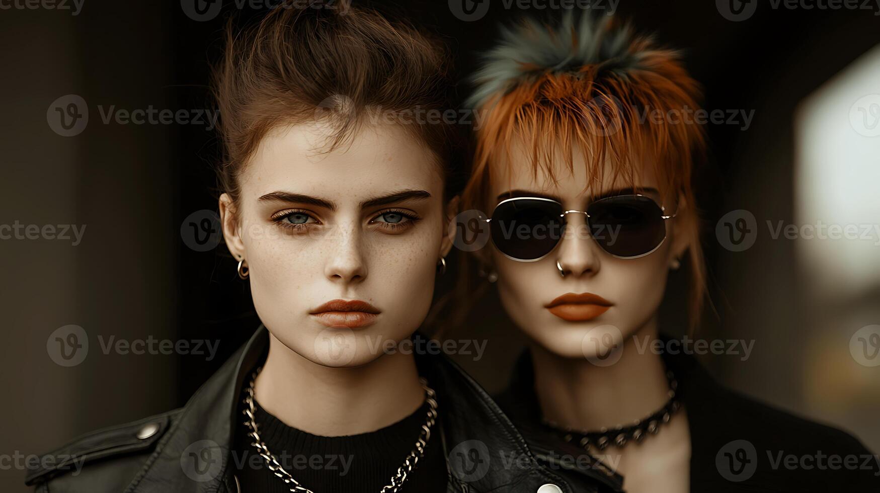 Two women wearing sunglasses and leather jackets photo