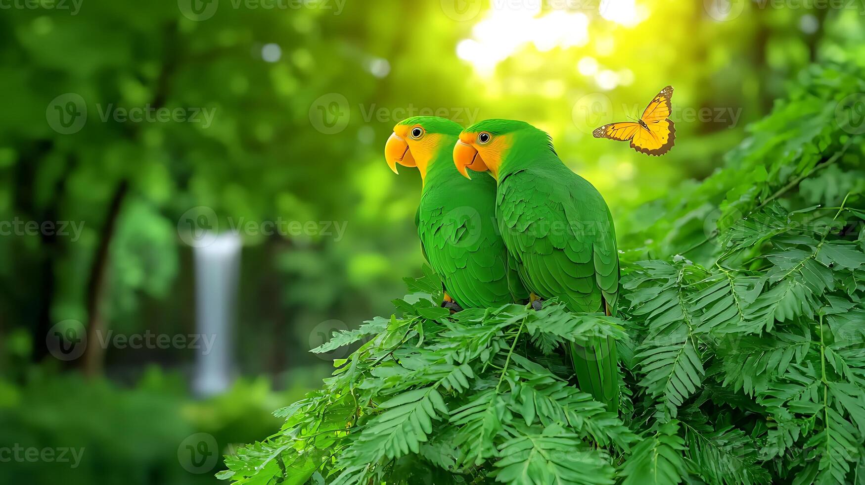 Two green parrots perched on a tree branch with a butterfly photo