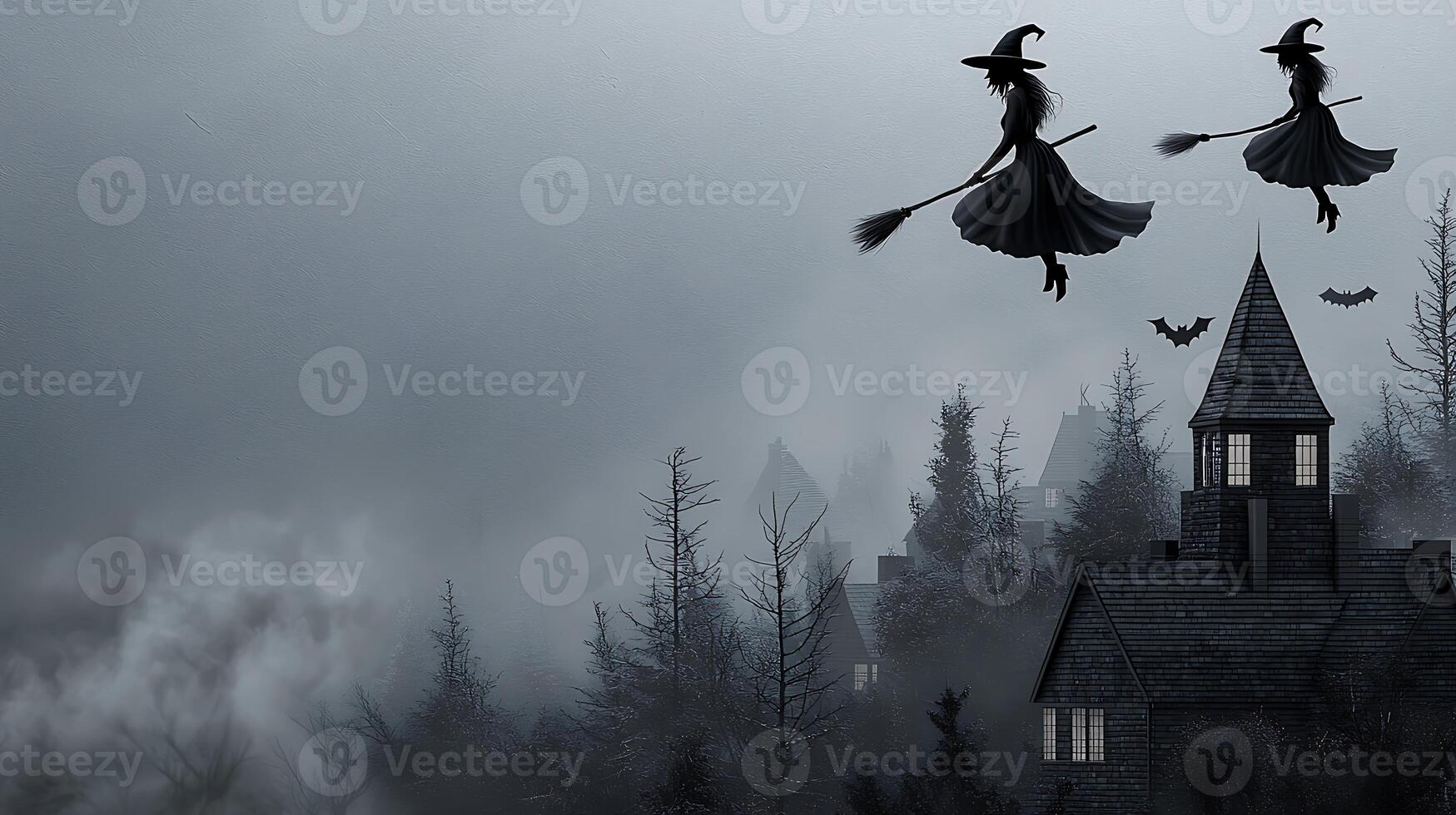 Halloween witches flying over a house in the fog photo
