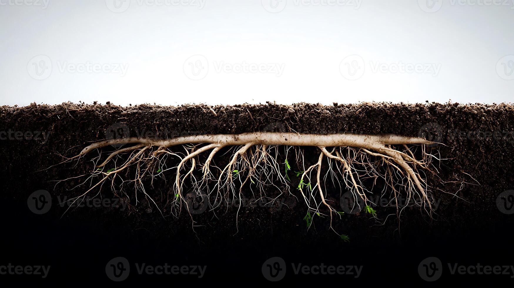 The roots of a plant are shown in the soil photo