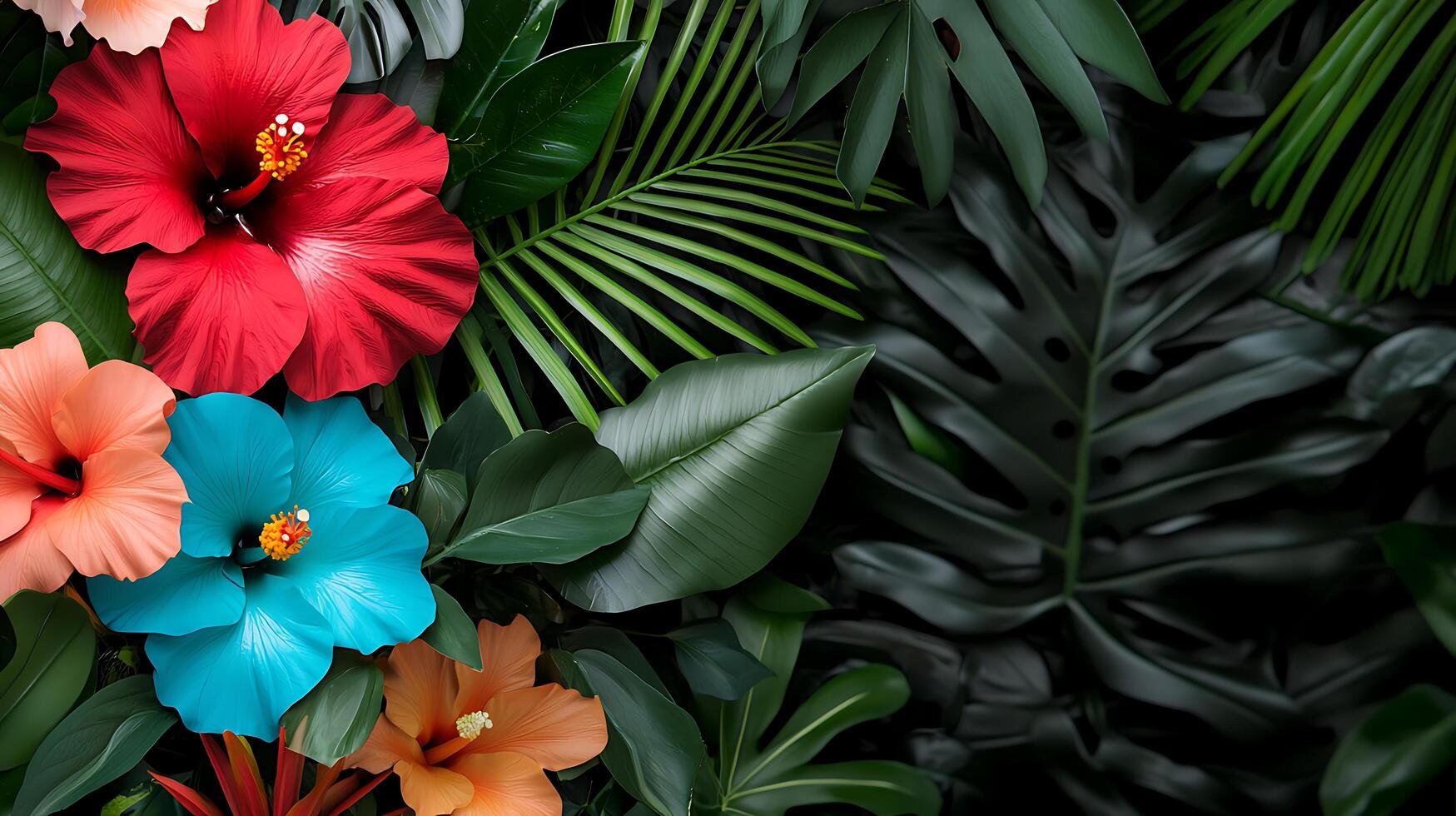 Tropical flowers and leaves on a black background photo