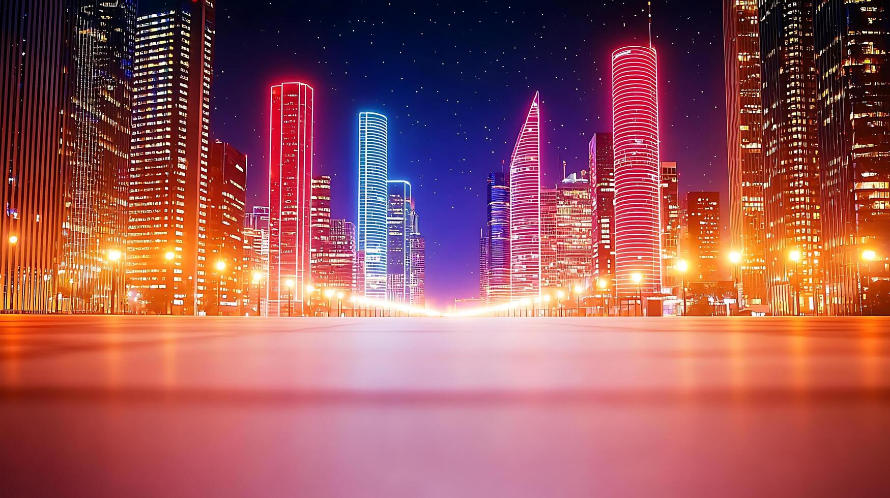 A city street at night with neon lights photo