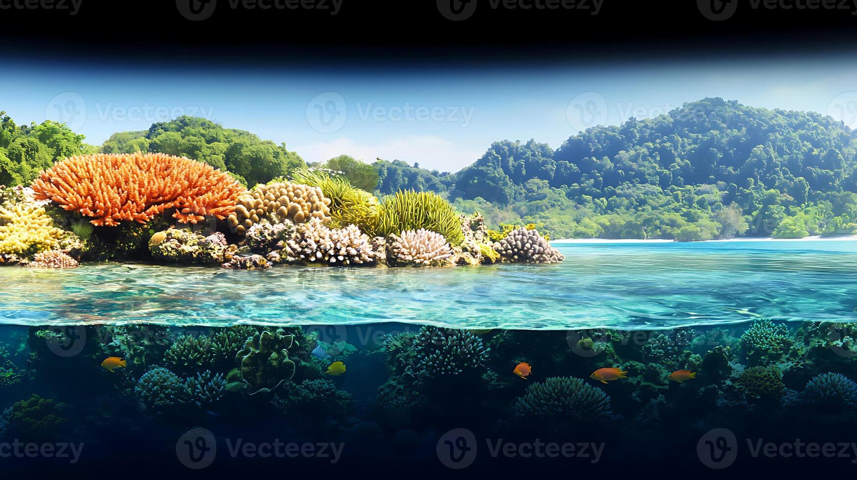 An underwater scene with coral reefs and fish photo