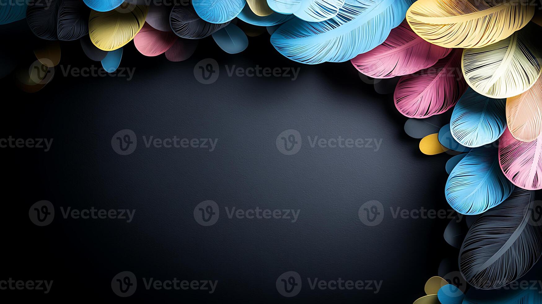 Colorful feathers on black background photo