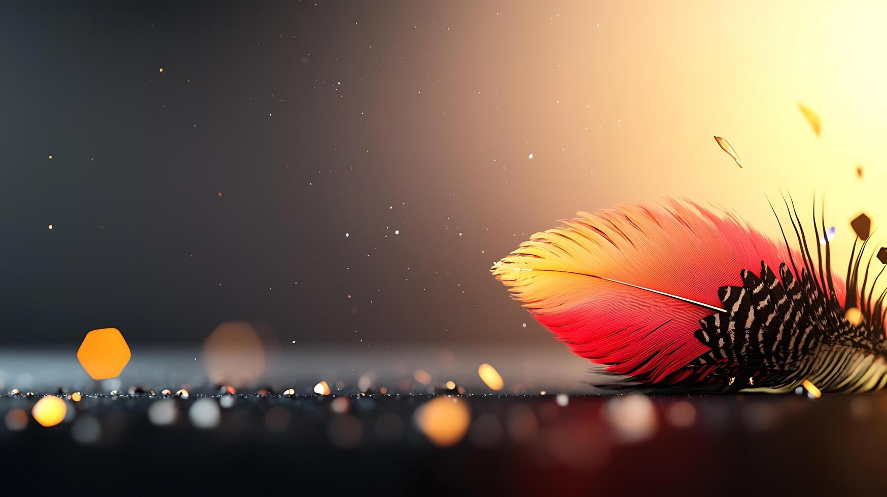 A red and black feather is flying in the air photo