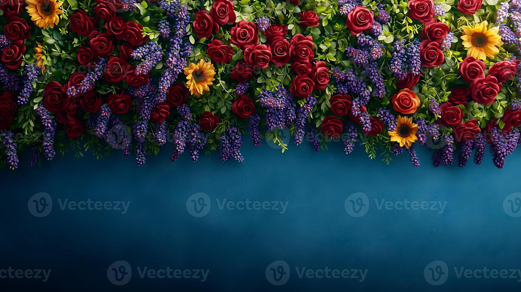 A wall of flowers with blue and red flowers photo