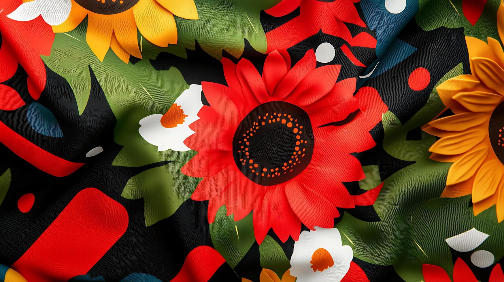 A colorful floral pattern on a black fabric photo