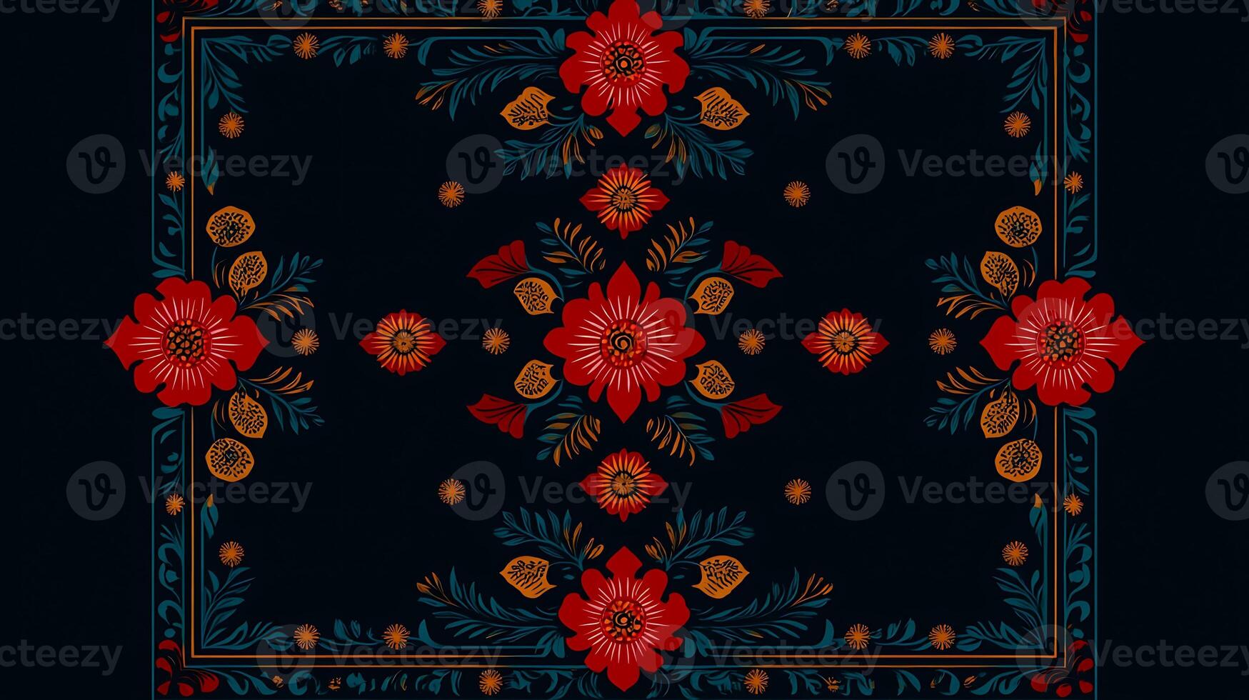 A square pattern with red flowers on a black background photo