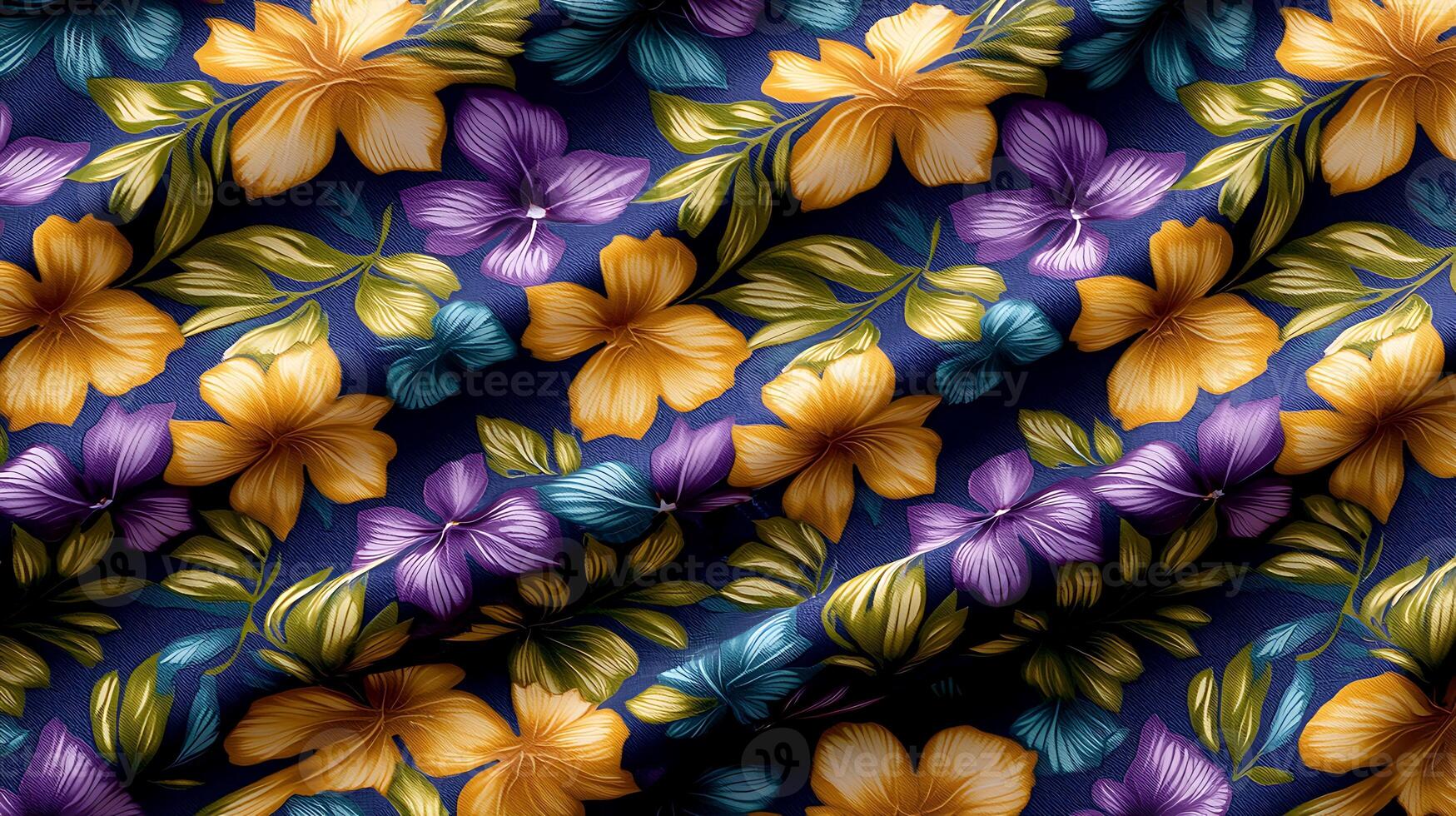 A blue and purple floral fabric with yellow and purple flowers photo