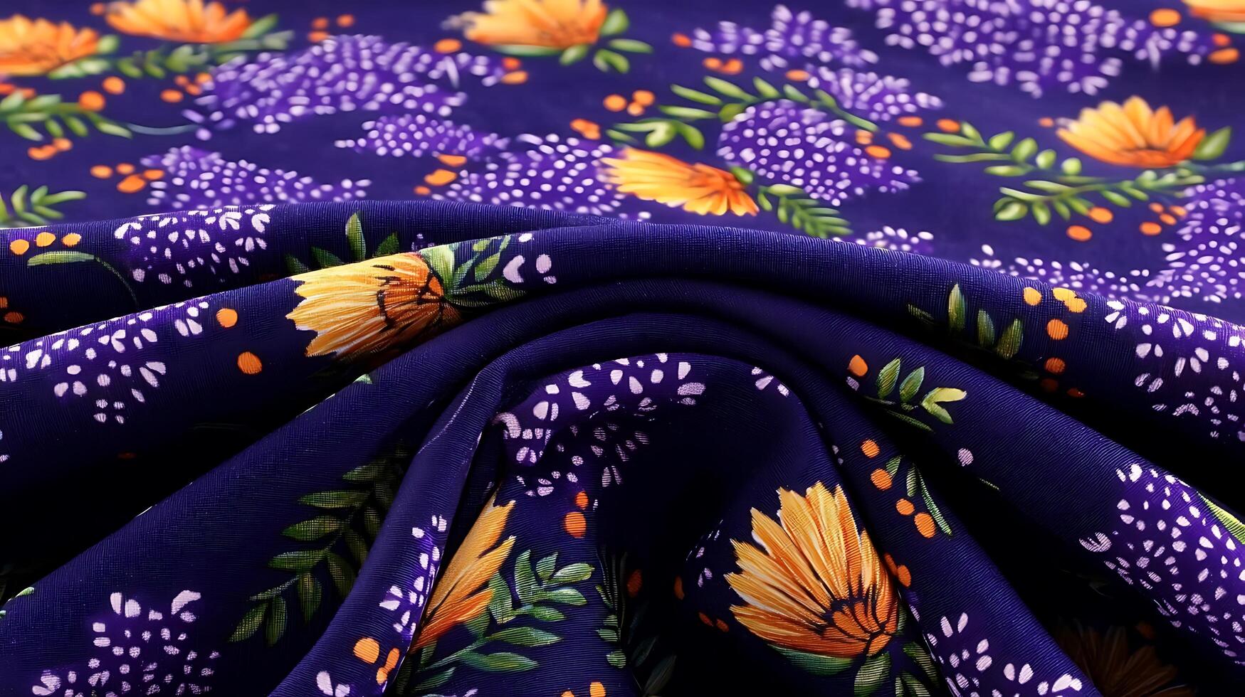 A purple and yellow floral print fabric photo