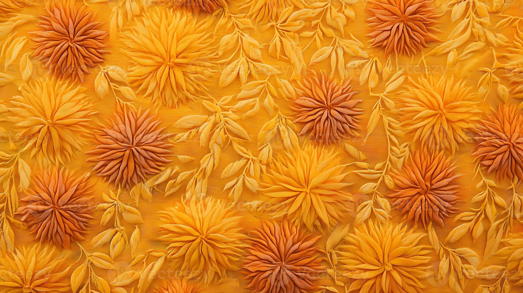 A close up of a flower pattern on an orange fabric photo
