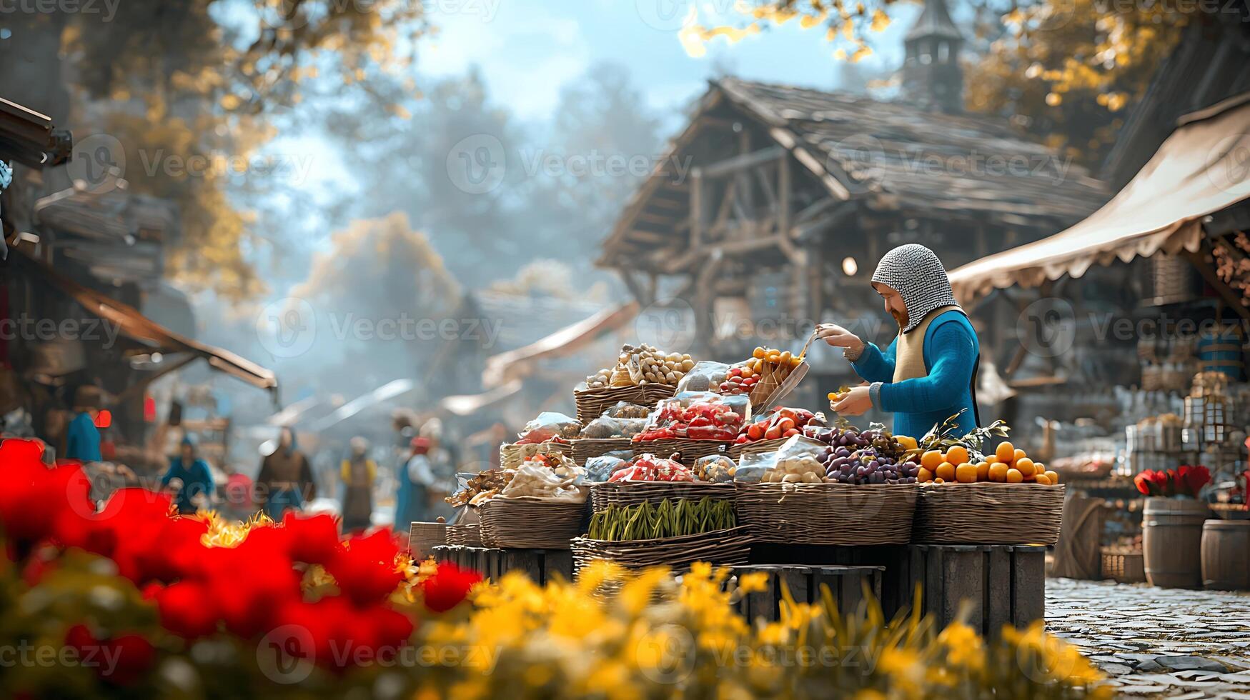 A woman is standing in front of a fruit stand photo