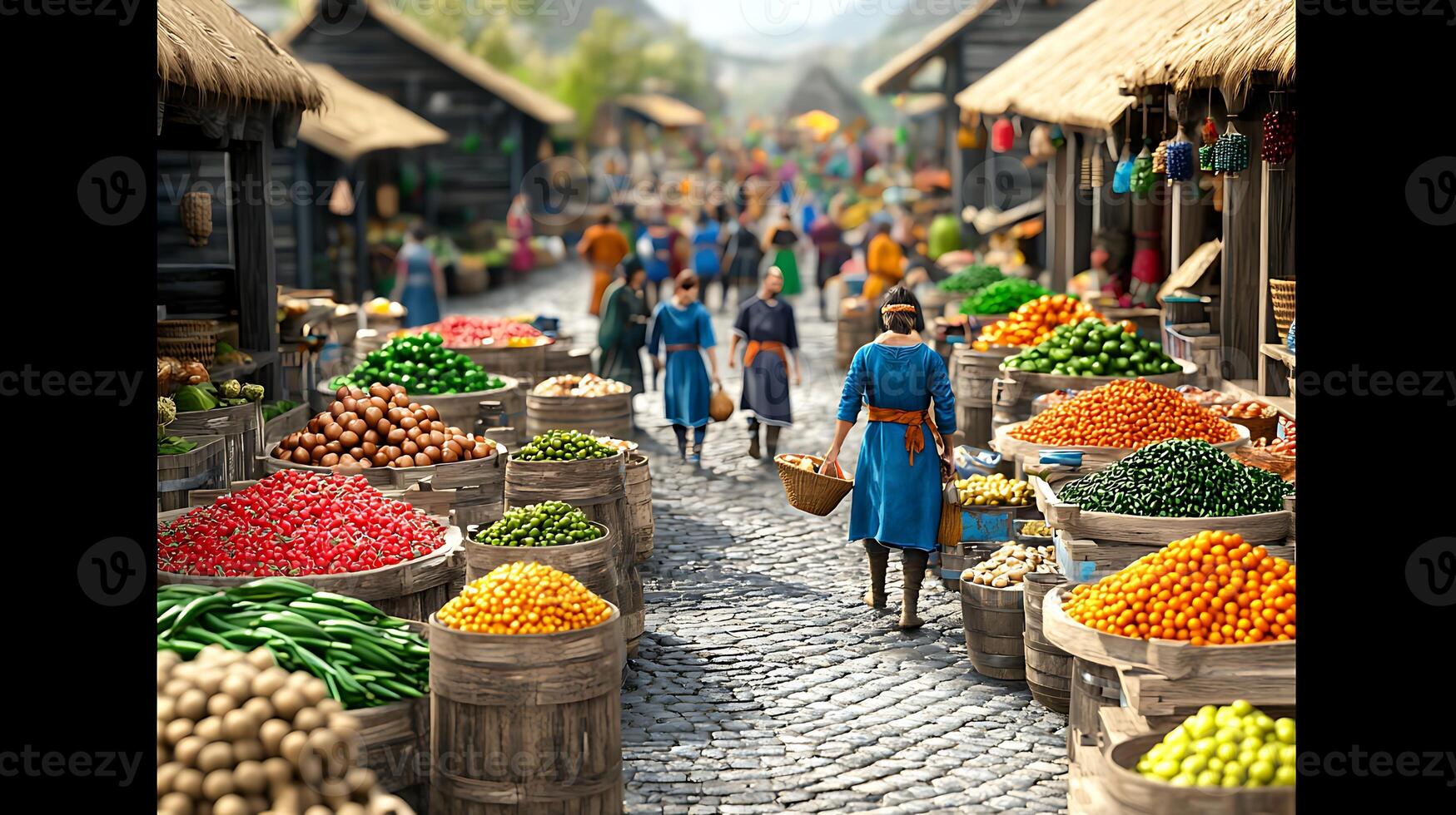 A scene of people walking through a market with baskets of fruit and vegetables photo