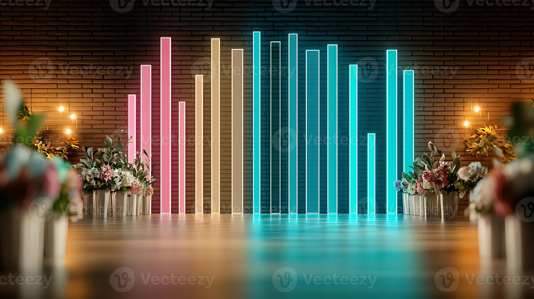 A colorful neon wall with flowers in front of it photo