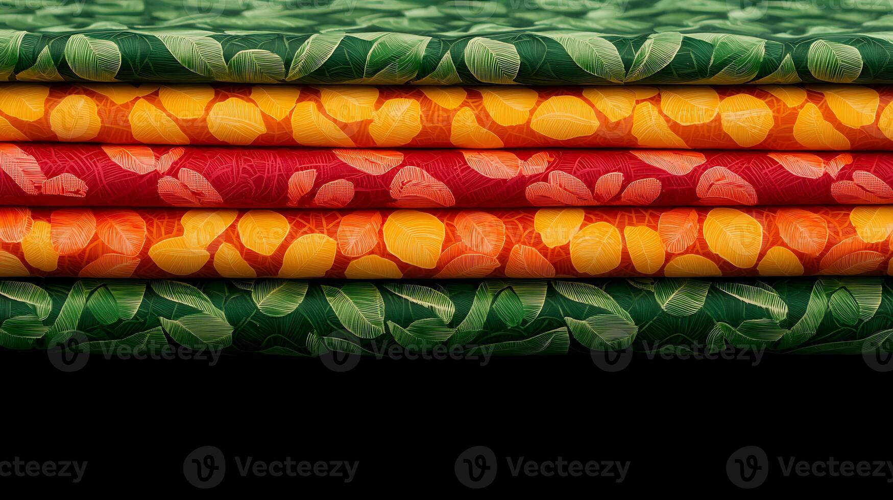 A stack of colorful fabric with leaves on it photo
