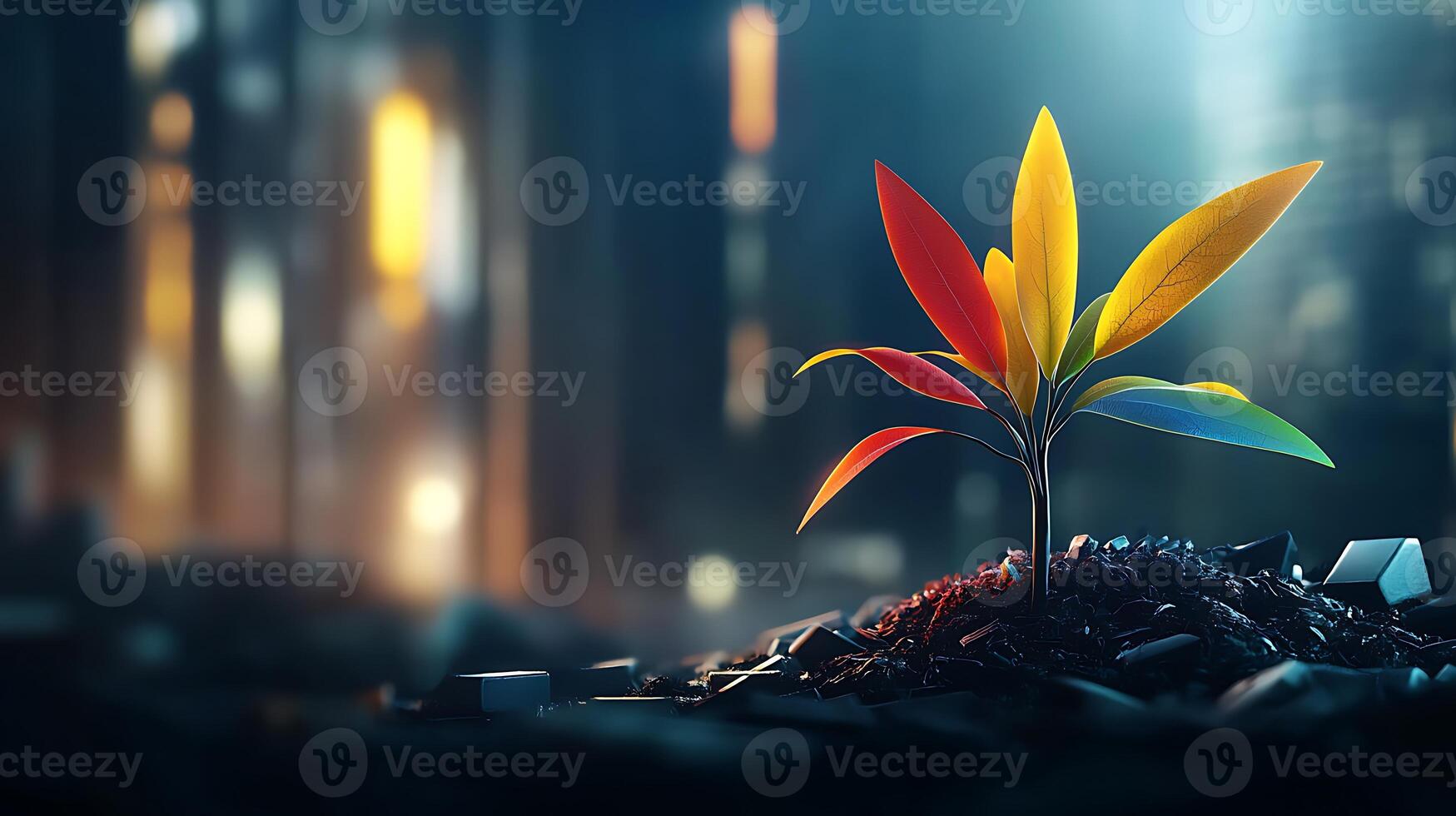 A colorful plant growing out of a pile of dirt photo
