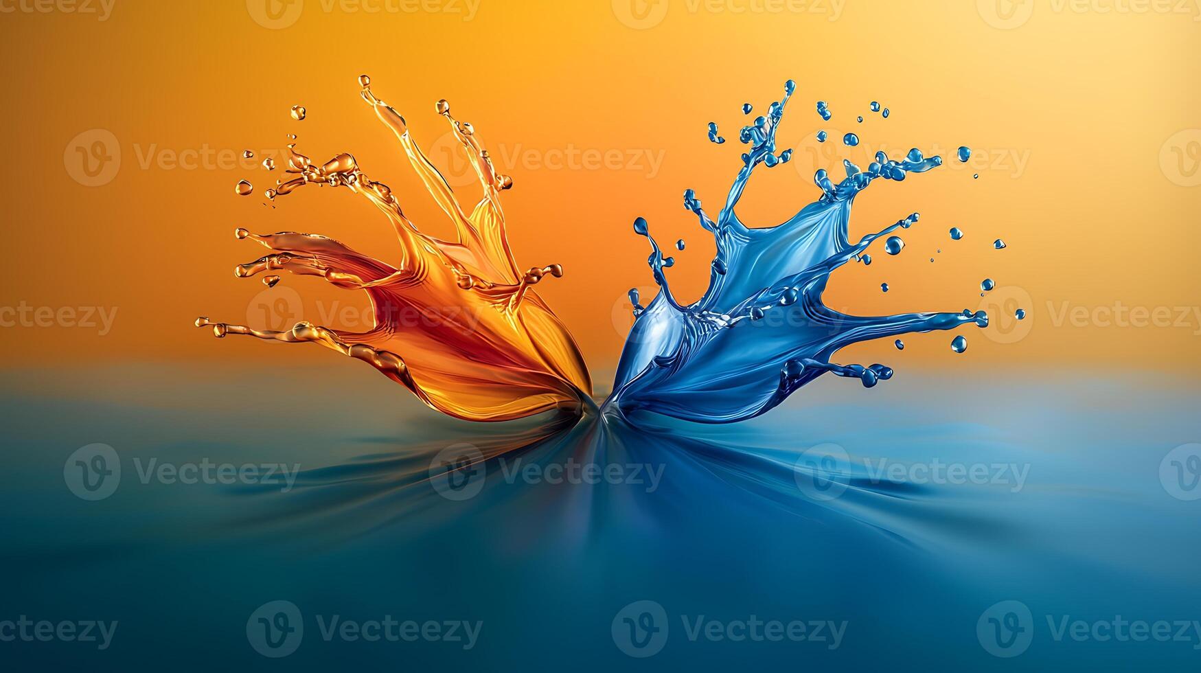 Two colorful water drops splashing on a yellow background photo