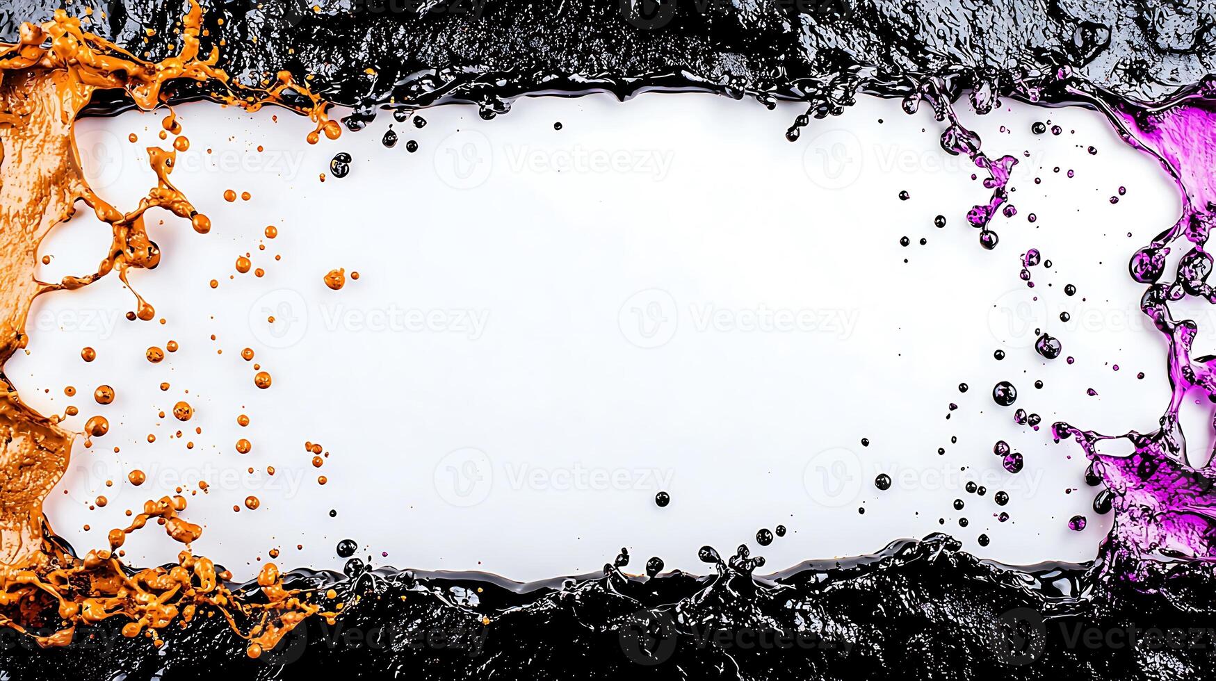 A white frame with paint splashes and ink photo