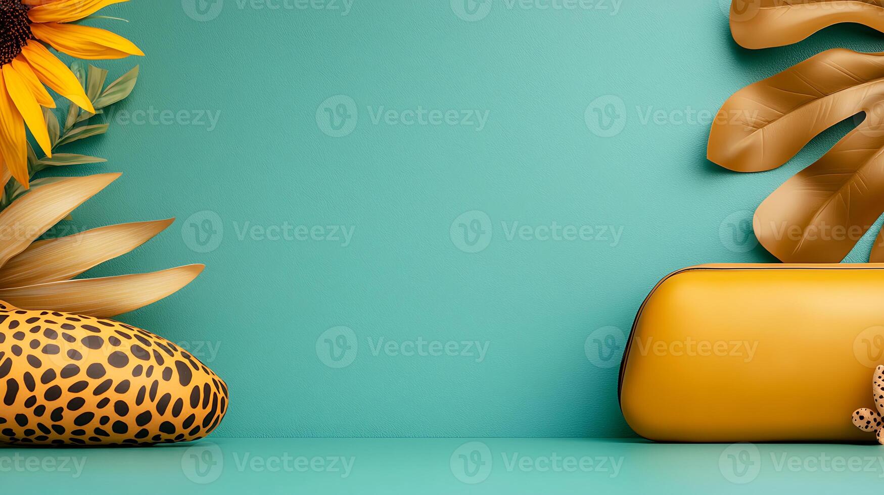 A yellow purse, leopard print and palm leaves on a blue background photo