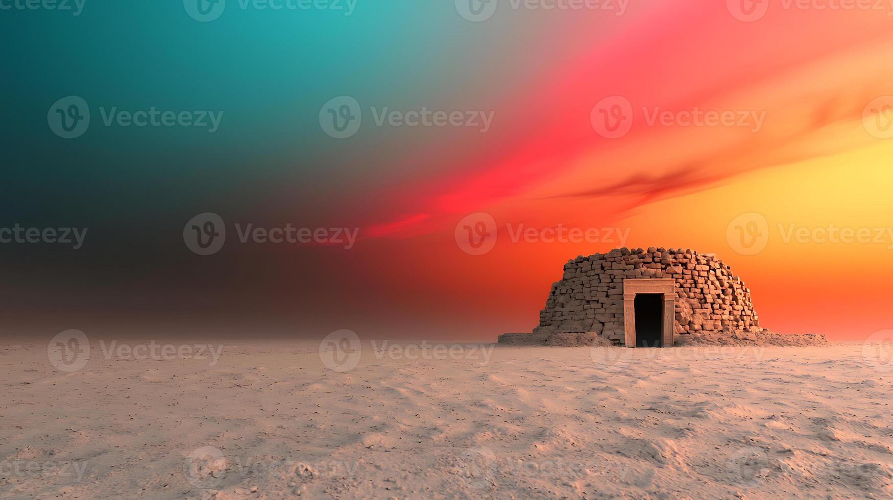 A small building in the desert with a colorful sky photo
