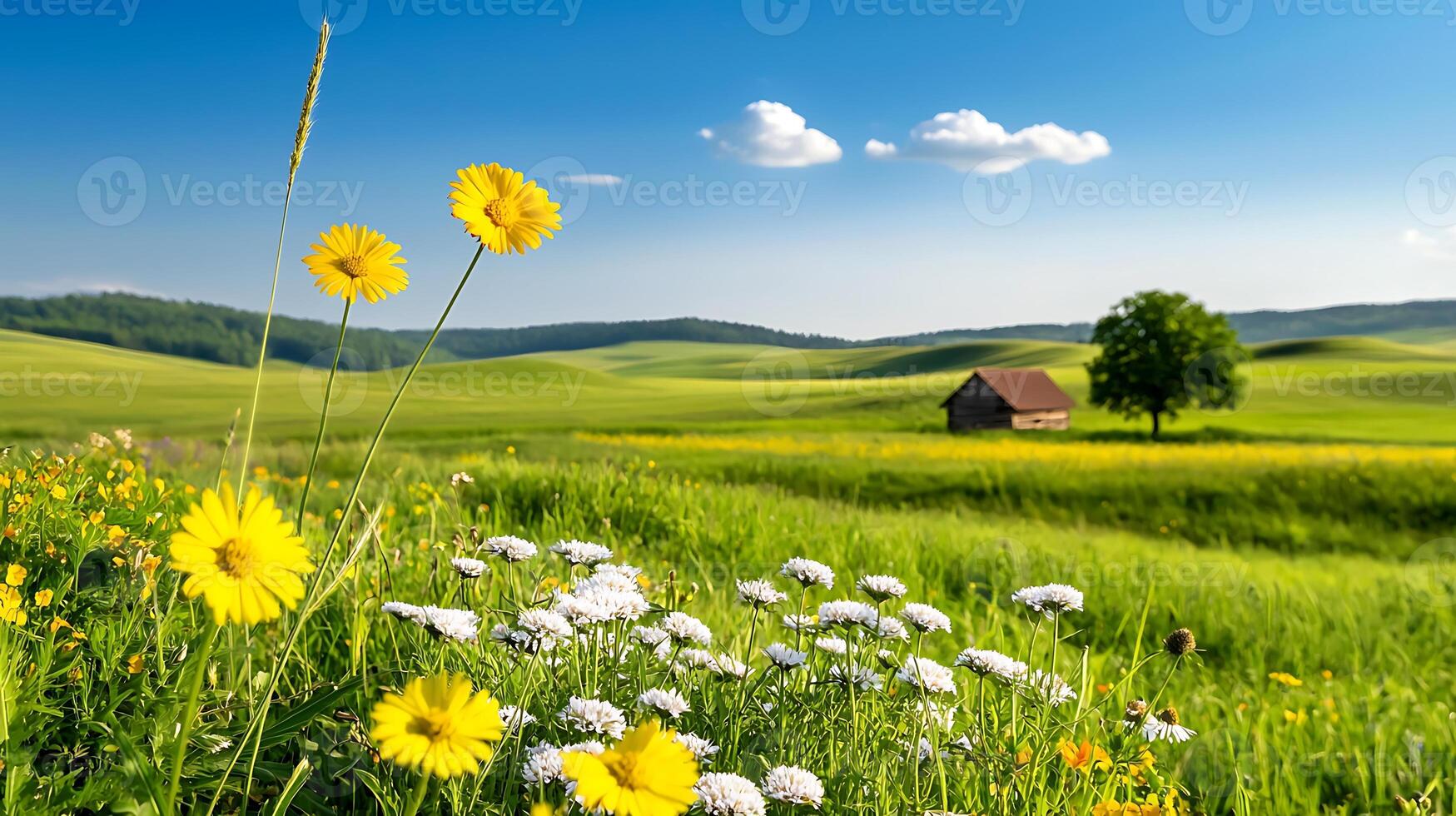 A field with flowers and a house in the background photo