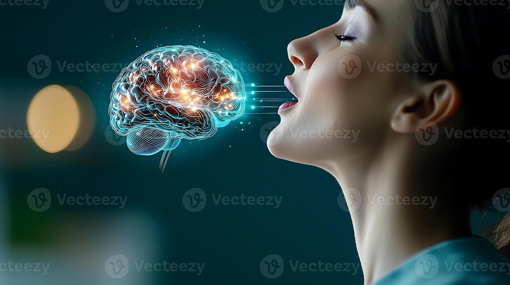 A woman blowing into her mouth with a brain in the background photo