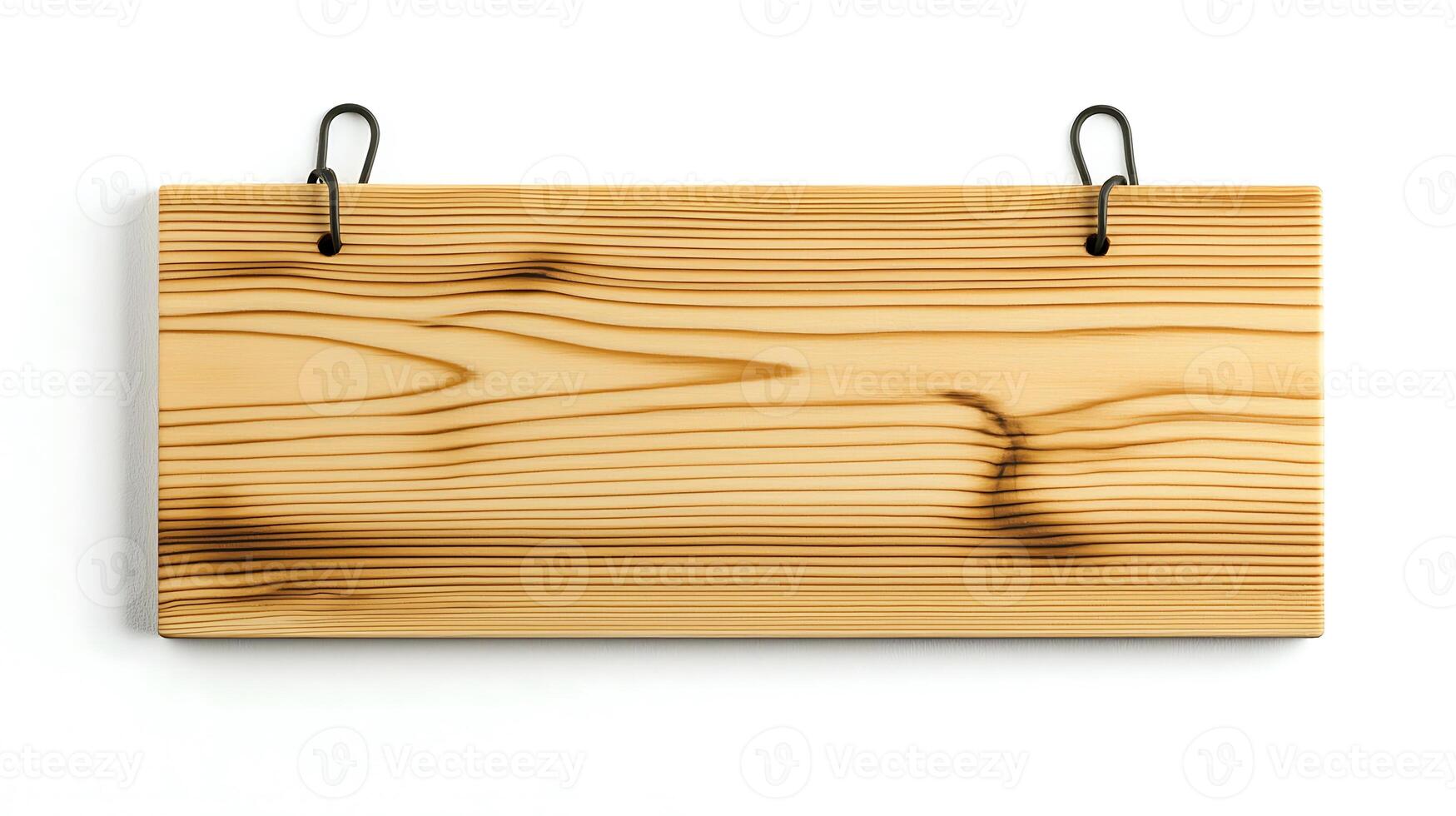 Wooden signboard with natural grain pattern hanging on hooks against a plain background photo