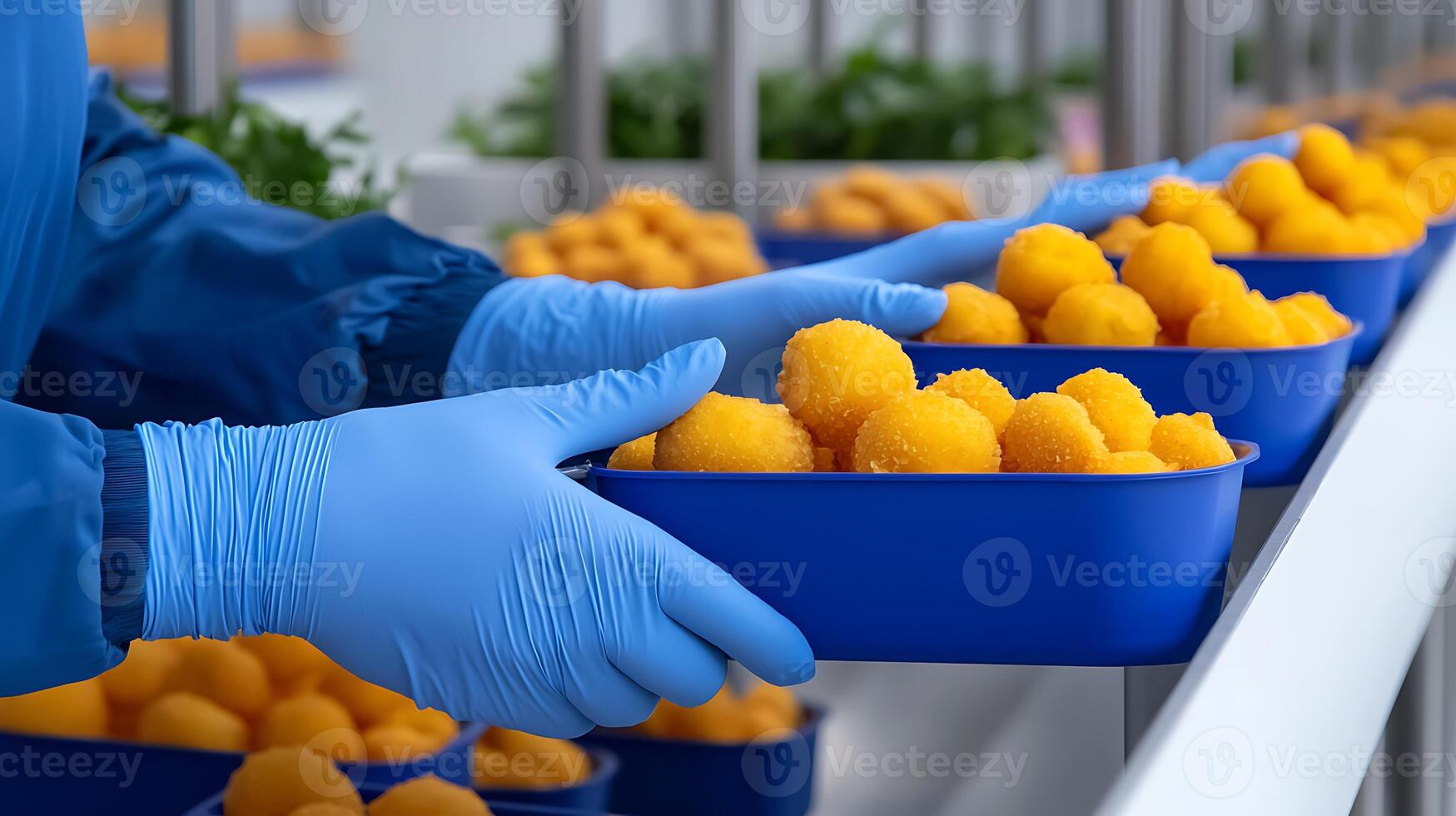 Worker in blue gloves carefully handling orange food balls in a bright, organized production facility photo