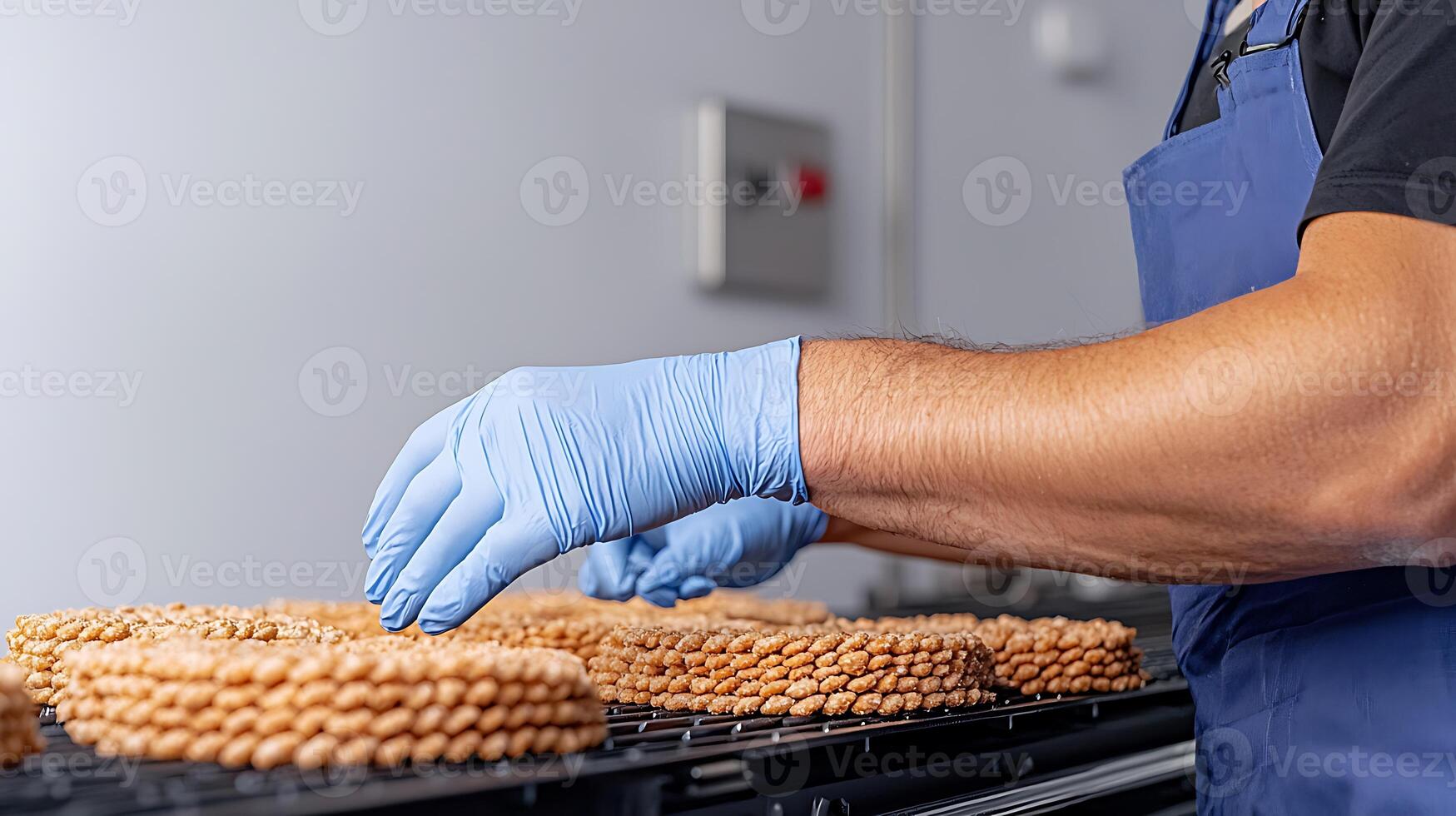 Worker in gloves arranging freshly baked wafers on a cooling rack in a modern kitchen setting photo