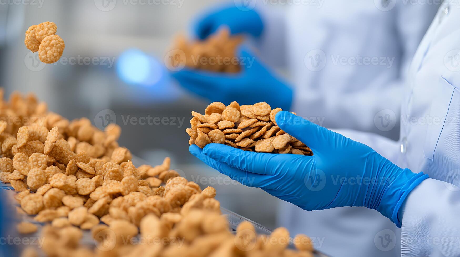 Workers in lab coats and gloves handling golden cereal flakes on a production line photo