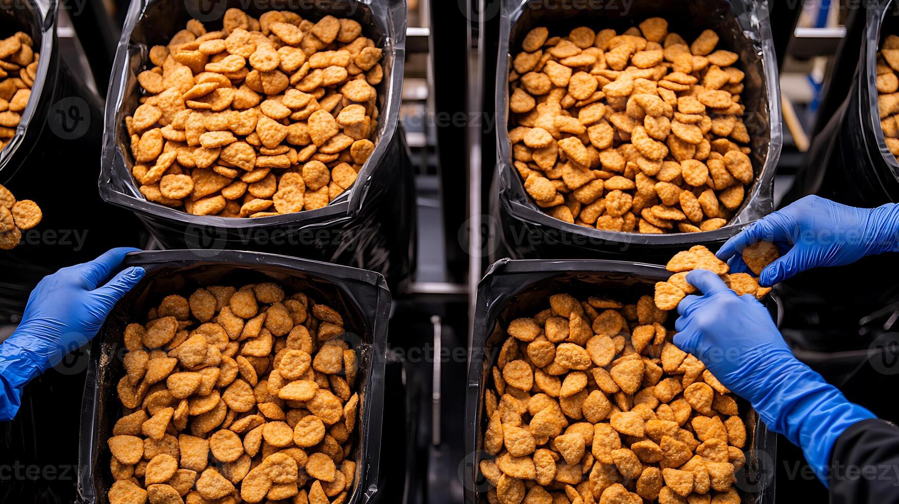 Workers in blue gloves sorting and packing golden nuggets in a food processing facility photo