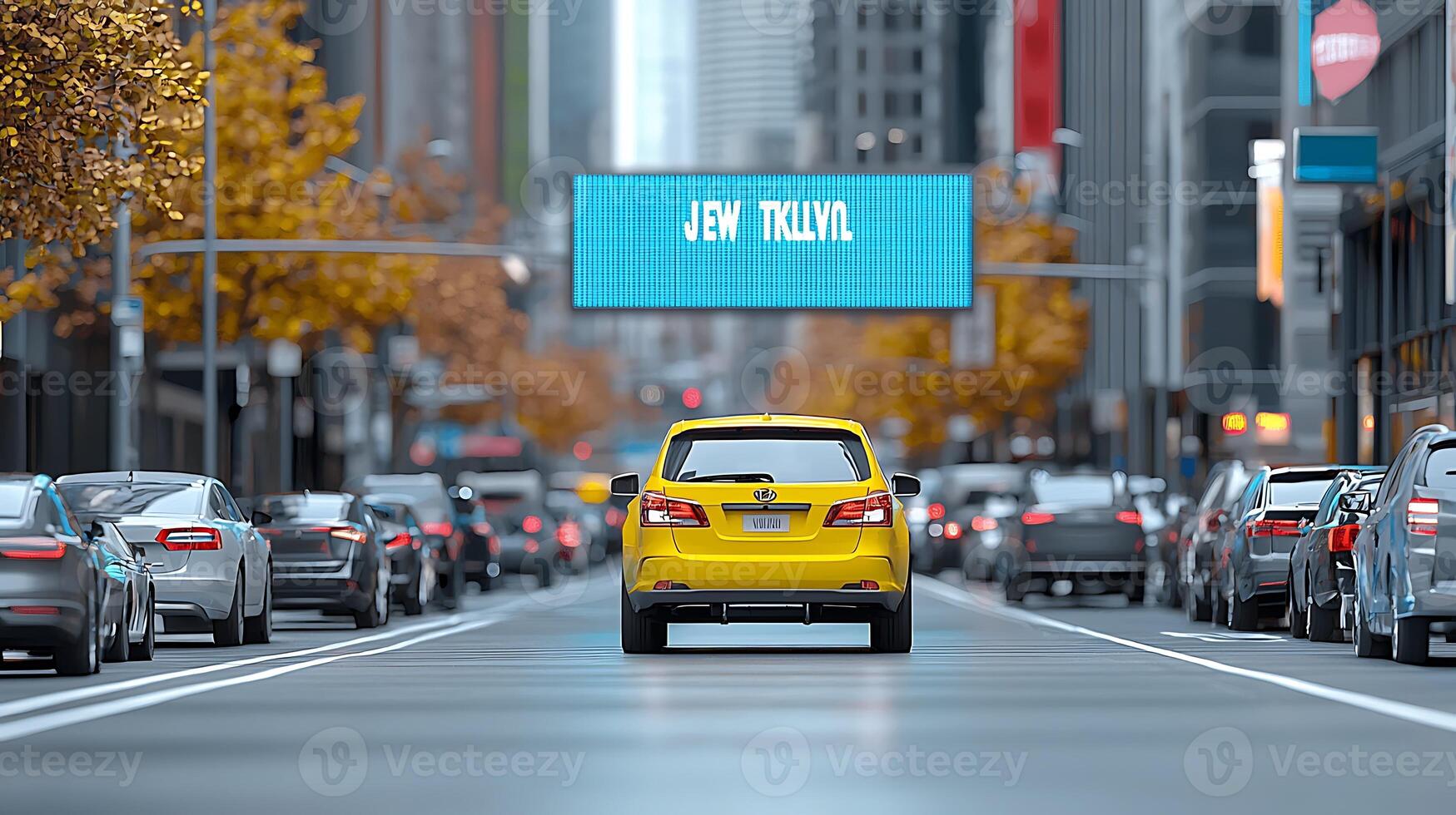 Yellow taxi navigating bustling city streets with digital billboard displaying information photo