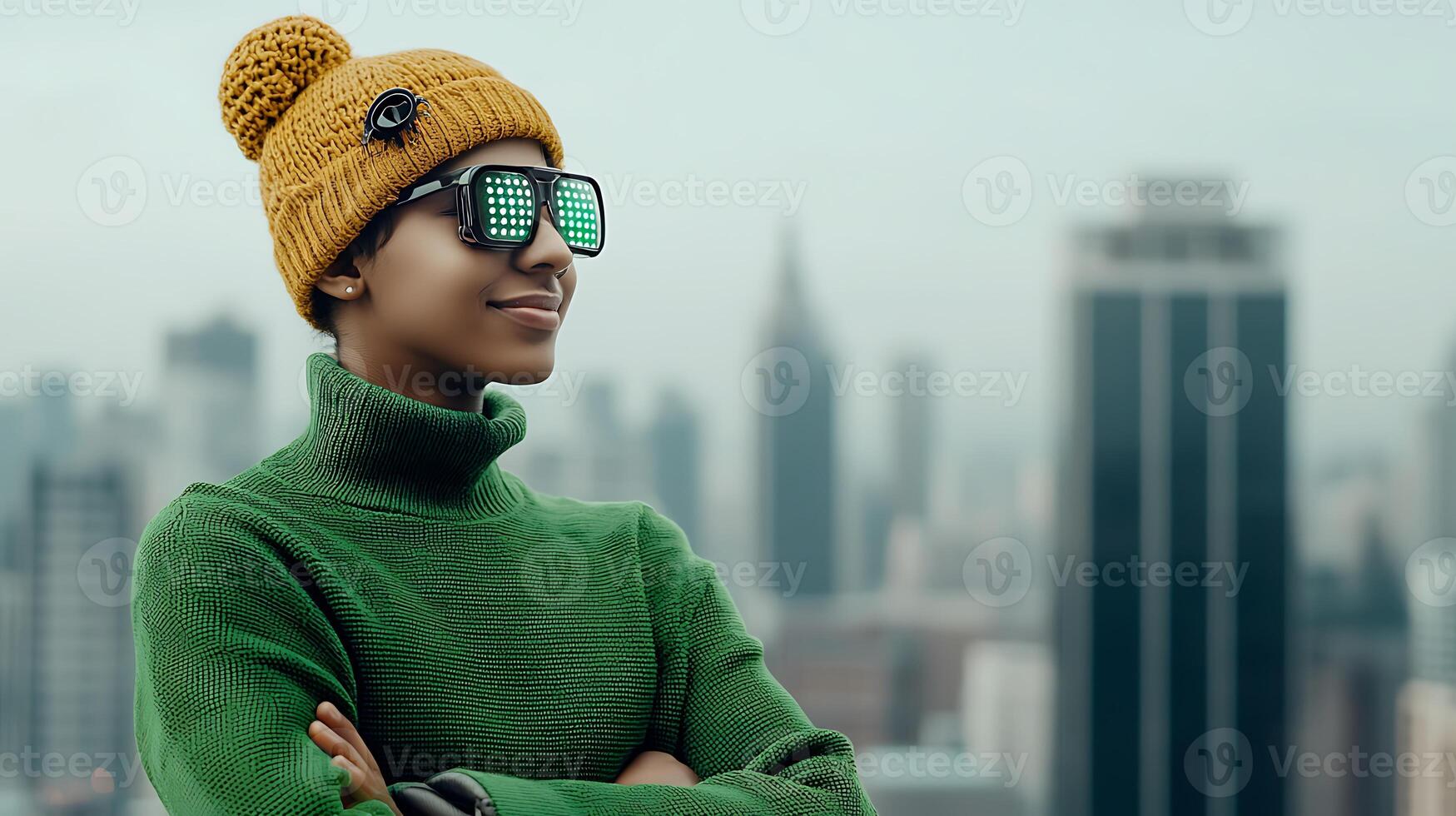 Young individual in a green sweater and yellow beanie gazing at a city skyline, showcasing urban lifestyle photo